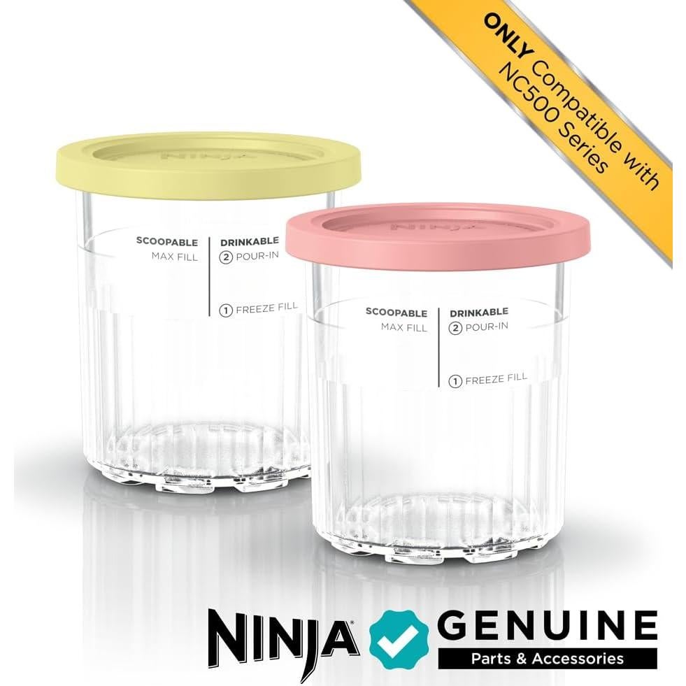 Creami Deluxe Pints 2 Pack, Compatible with NC500 Series Creami Deluxe Ice Cream Makers, Genuine Ninja Pint, BPA-Free & Dishwasher Safe, Color Lids, 1 Pint Each, Clear/Coral/Yellow, XSKPNTLD2​