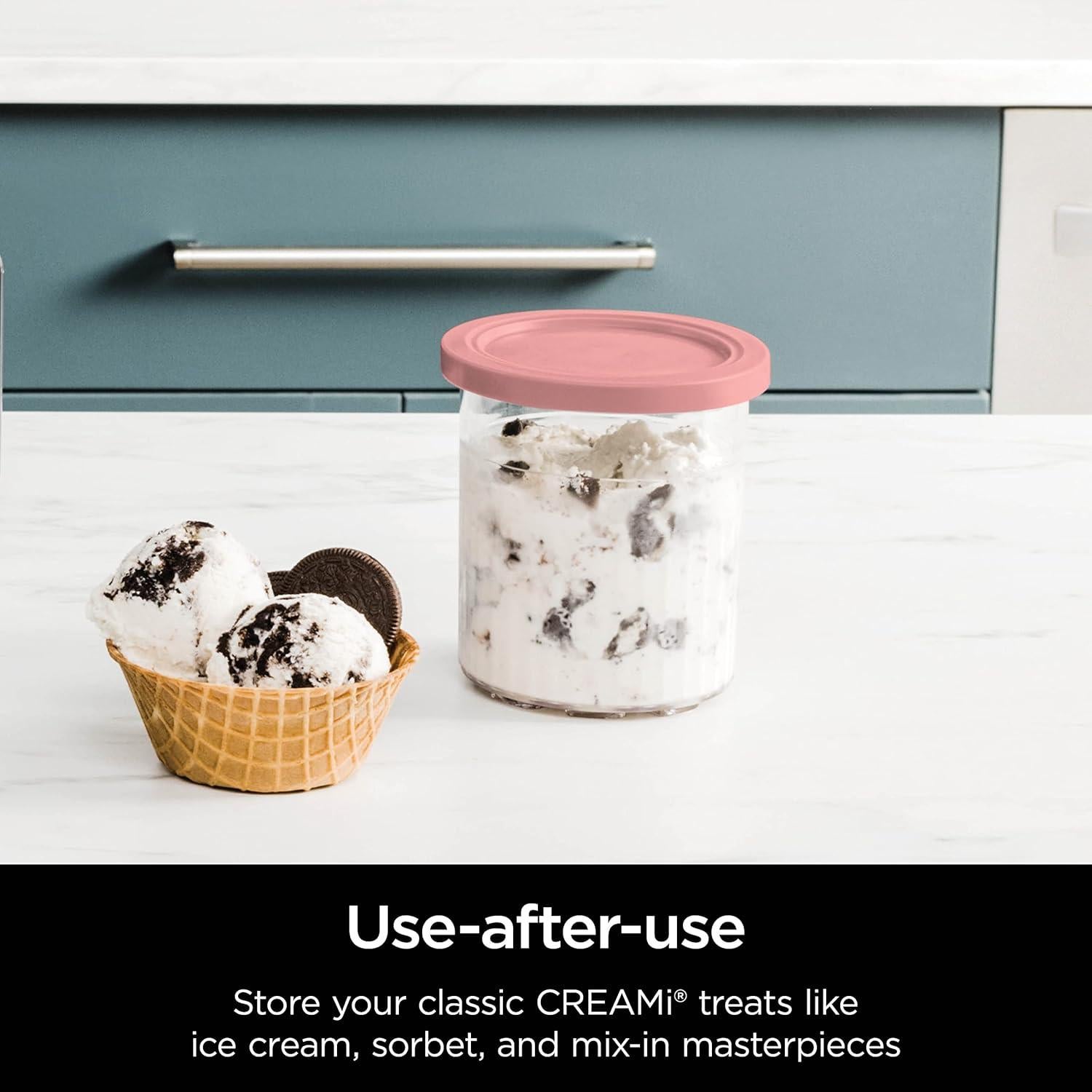 Creami Deluxe Pints 2 Pack, Compatible with NC500 Series Creami Deluxe Ice Cream Makers, Genuine Ninja Pint, BPA-Free & Dishwasher Safe, Color Lids, 1 Pint Each, Clear/Coral/Yellow, XSKPNTLD2​