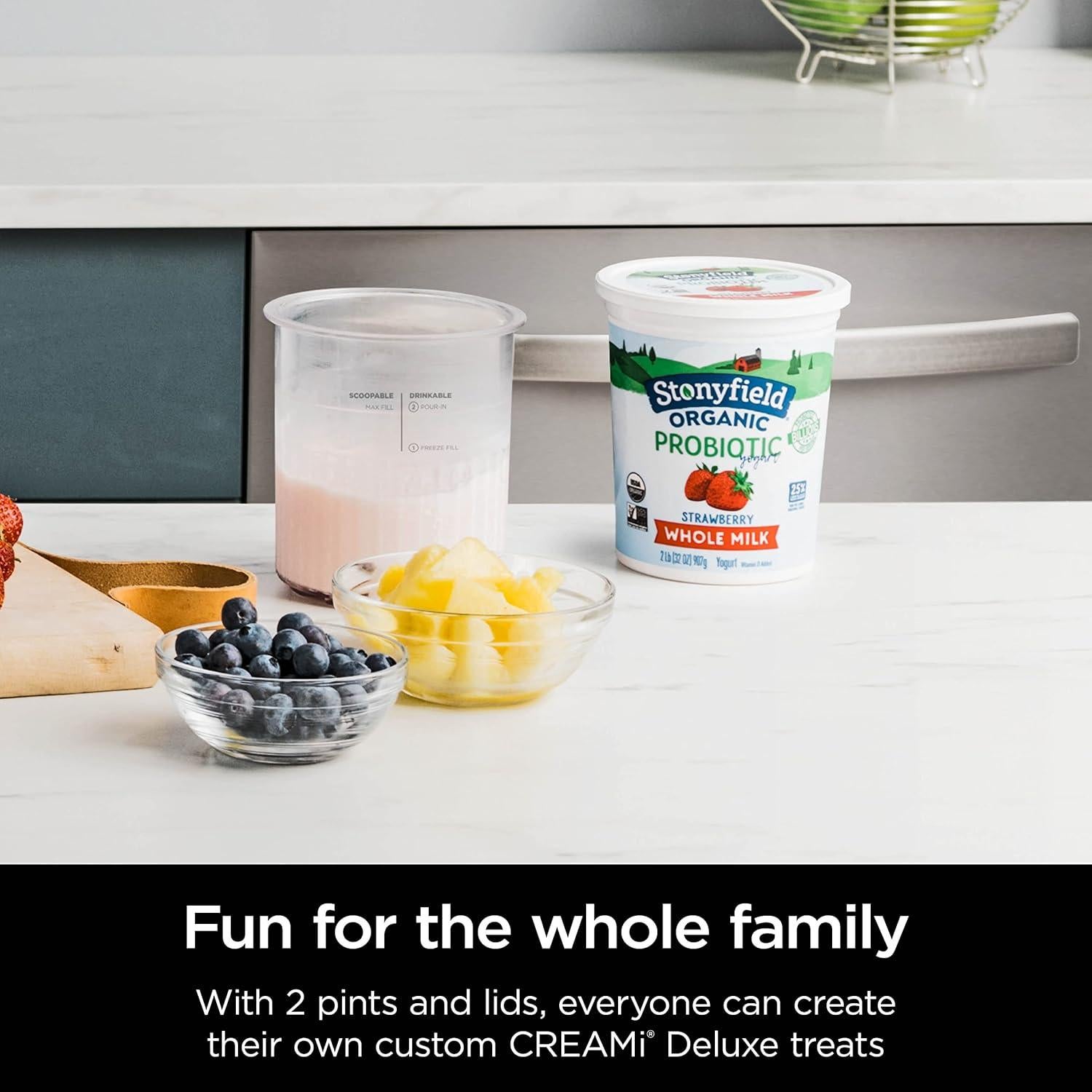 Creami Deluxe Pints 2 Pack, Compatible with NC500 Series Creami Deluxe Ice Cream Makers, Genuine Ninja Pint, BPA-Free & Dishwasher Safe, Color Lids, 1 Pint Each, Clear/Coral/Yellow, XSKPNTLD2​