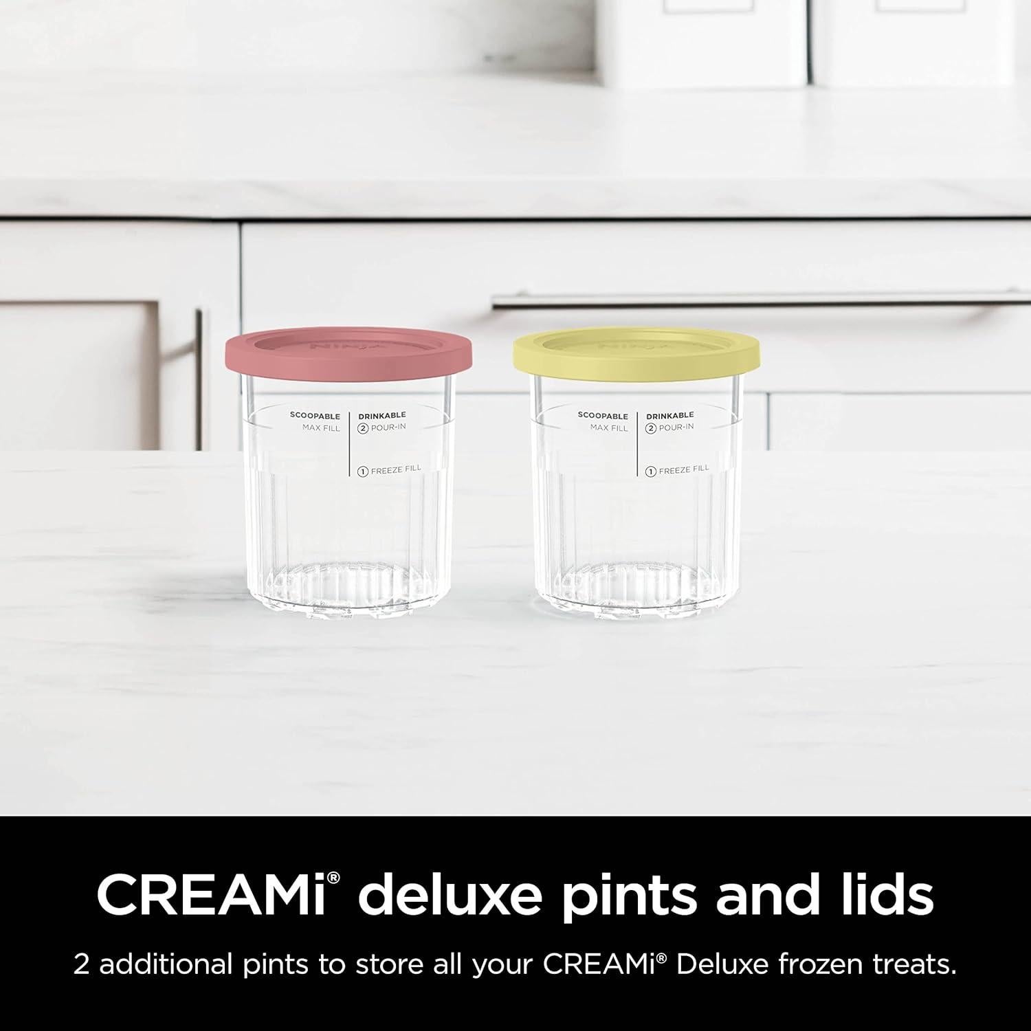 Creami Deluxe Pints 2 Pack, Compatible with NC500 Series Creami Deluxe Ice Cream Makers, Genuine Ninja Pint, BPA-Free & Dishwasher Safe, Color Lids, 1 Pint Each, Clear/Coral/Yellow, XSKPNTLD2​