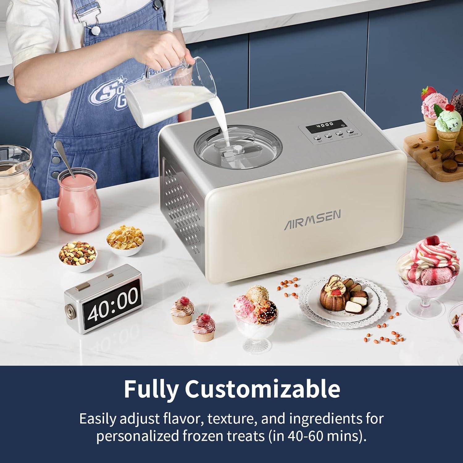 2.1-Quart Ice Cream Maker Machine with Built-in Compressor, No Pre-Freezing Required, Fully Automatic Frozen Treats Maker with LED Display & Timer, 72-Minute Cooling Function, Stainless Steel