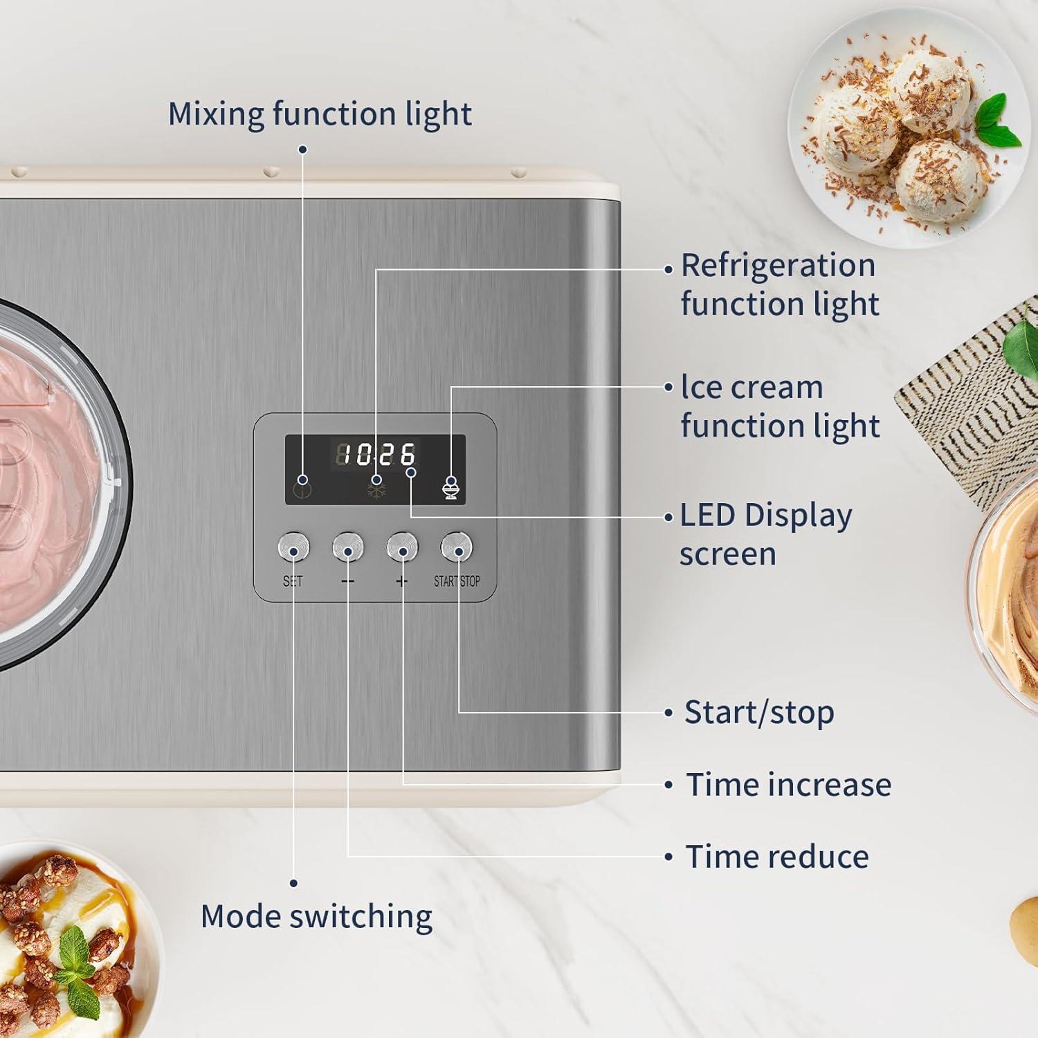 2.1-Quart Ice Cream Maker Machine with Built-in Compressor, No Pre-Freezing Required, Fully Automatic Frozen Treats Maker with LED Display & Timer, 72-Minute Cooling Function, Stainless Steel