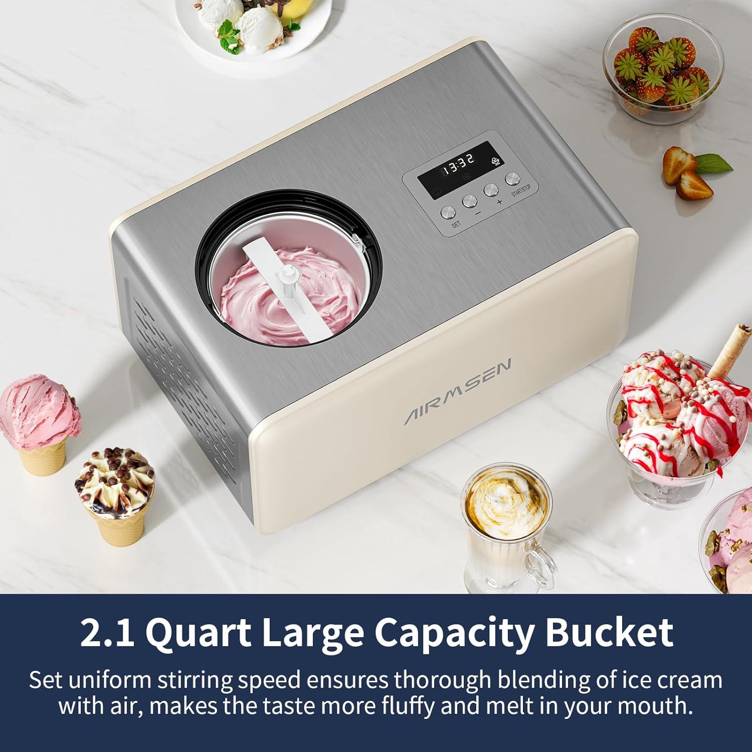 2.1-Quart Ice Cream Maker Machine with Built-in Compressor, No Pre-Freezing Required, Fully Automatic Frozen Treats Maker with LED Display & Timer, 72-Minute Cooling Function, Stainless Steel