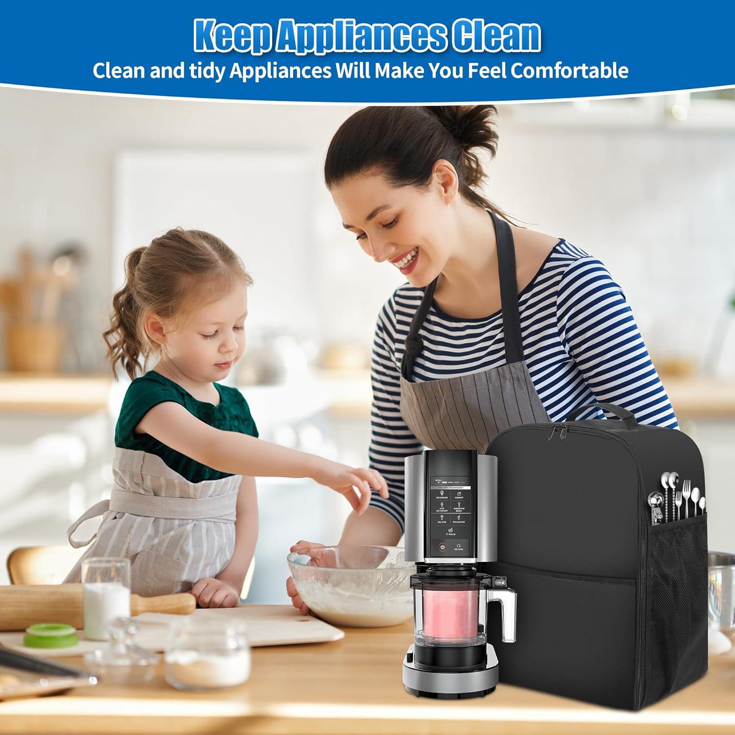 Dust Cover for Compatible with ninja Ice Cream Maker Machine NC501, NC301, NC299AMZ, CREAMi Ice Cream Maker Dust Cover with Handles Front Pocket Side Mesh Pocket