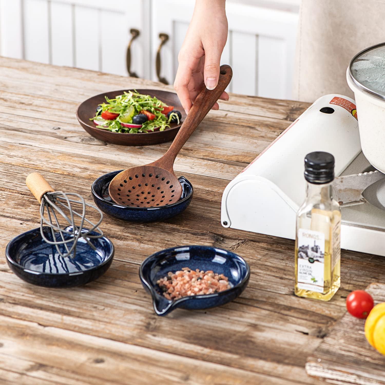 Ceramic Spoon Ladle Rest Coffee - VICRAYS Kitchen Stove Spoon Holder Spatula Cooking Accessories Farmhouse Utensil Rest Stove Spatula Decor for Countertop - Dishwasher Safe 5.2 Inches Blue Set of 4