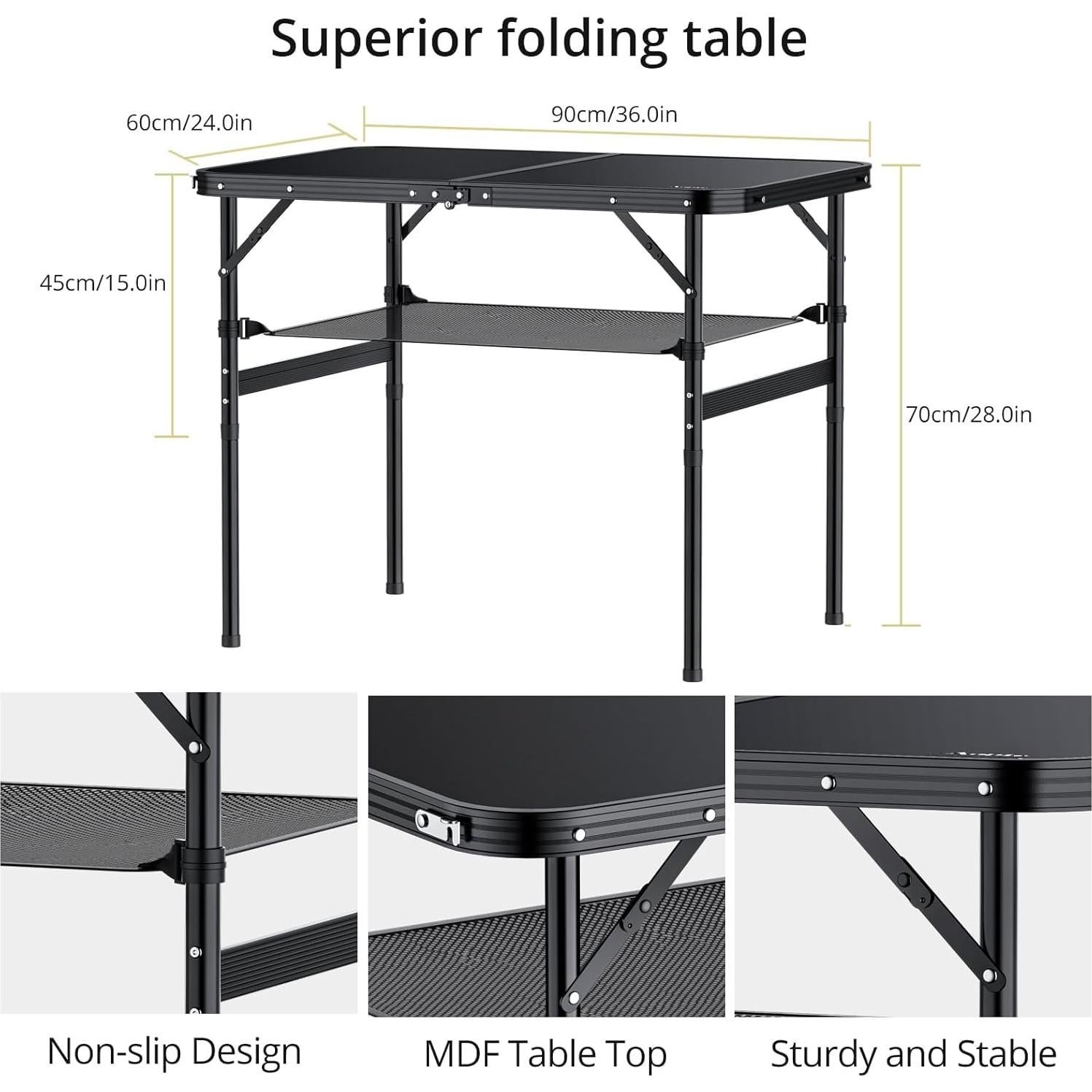 Mesa de Camping Plegable Anbte 91x61 cm Ajustable Negra