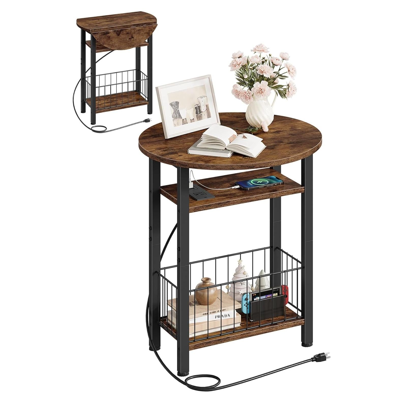 Mesa Lateral Plegable CHOEZON Marrón Rústico con Carga USB