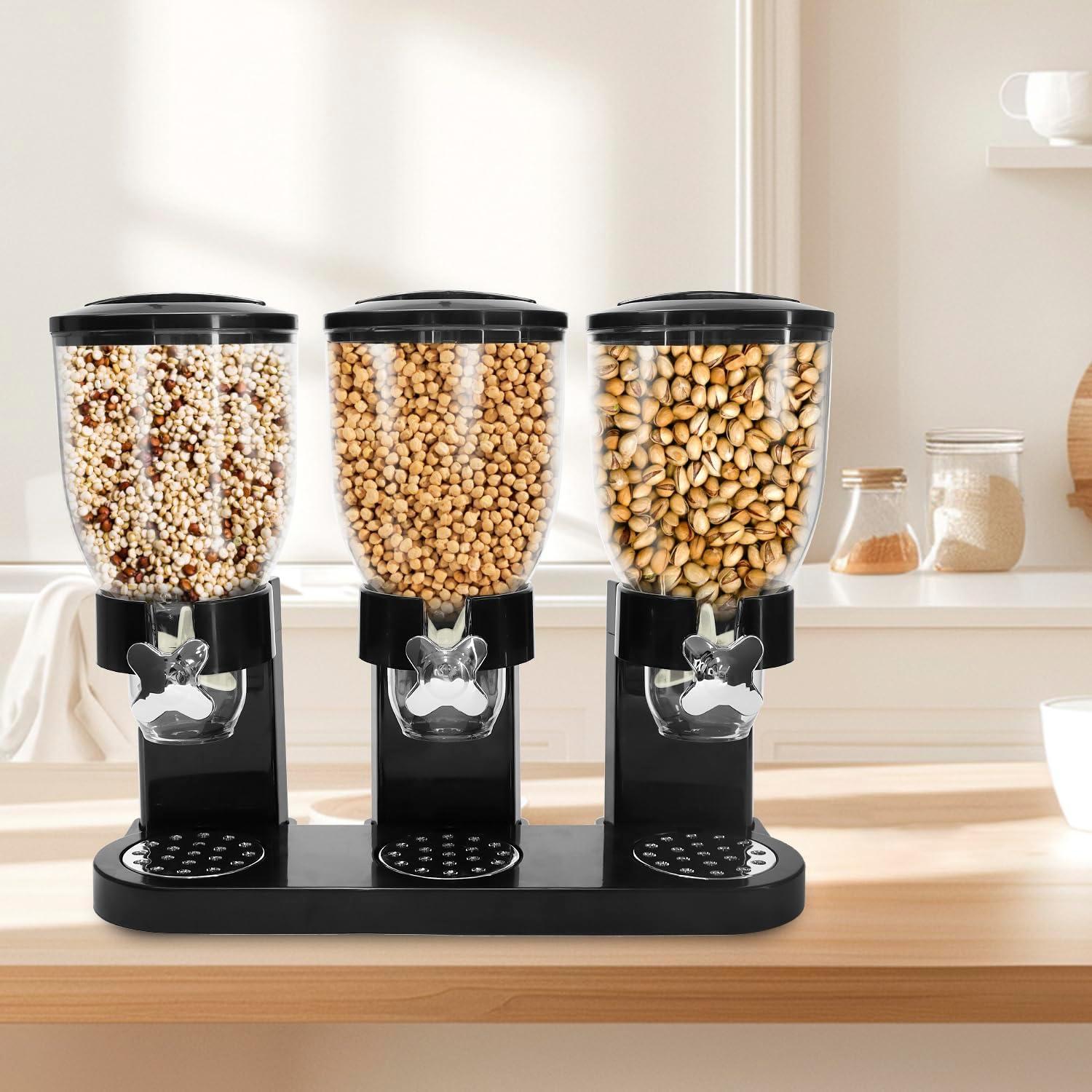 QWORK Triple Dry Food Dispenser - 2L Capacity Each, Easy Twist Mechanism, for Dry Food like Cereal, Rice, Candy, Nuts, Pet Food