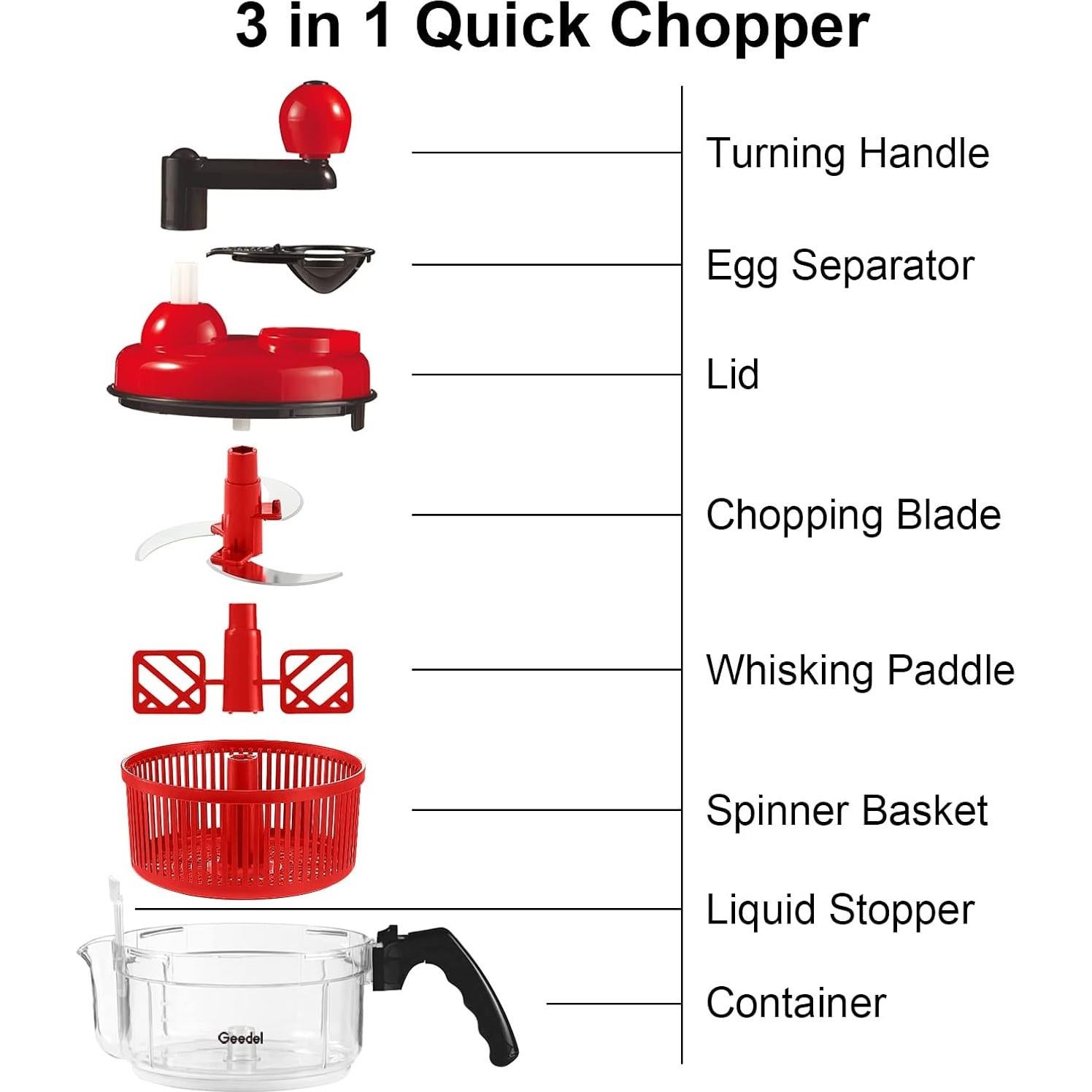 Picador de Mano Geedel 3 Tazas Rojo - Procesador Manual