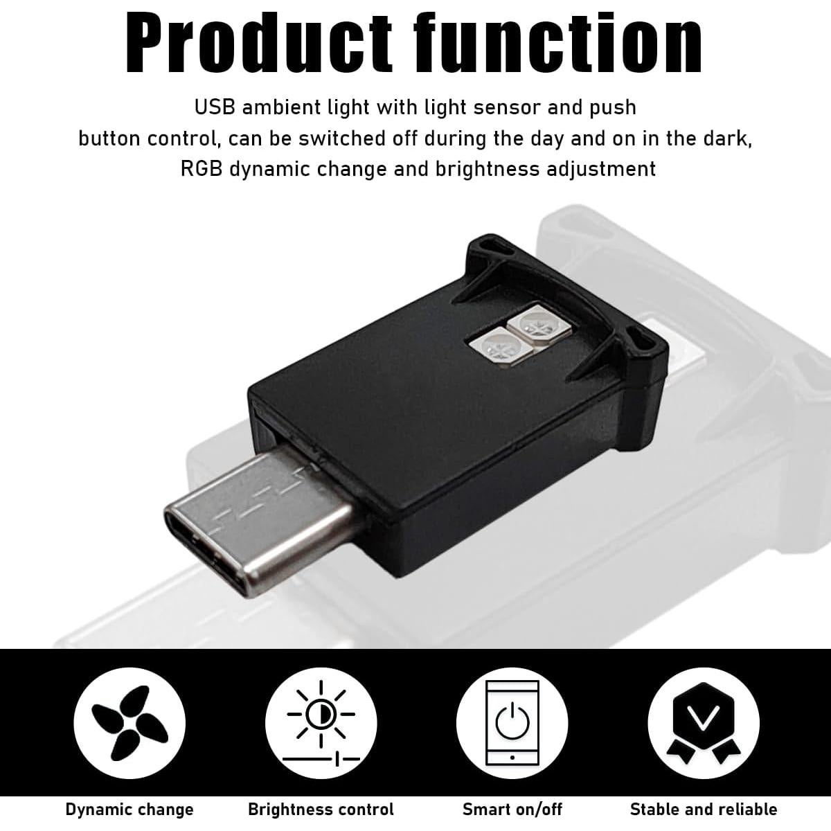 Luz Ambiental LED USB Tipo C Povtii, 8 Colores, Brillo Ajustable