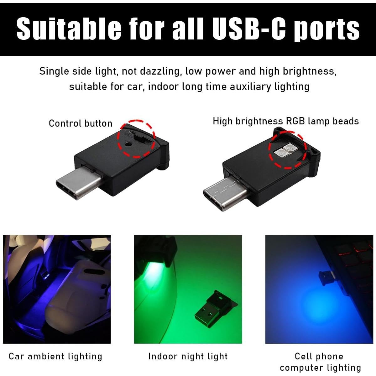 Luz Ambiental LED USB Tipo C Povtii, 8 Colores, Brillo Ajustable