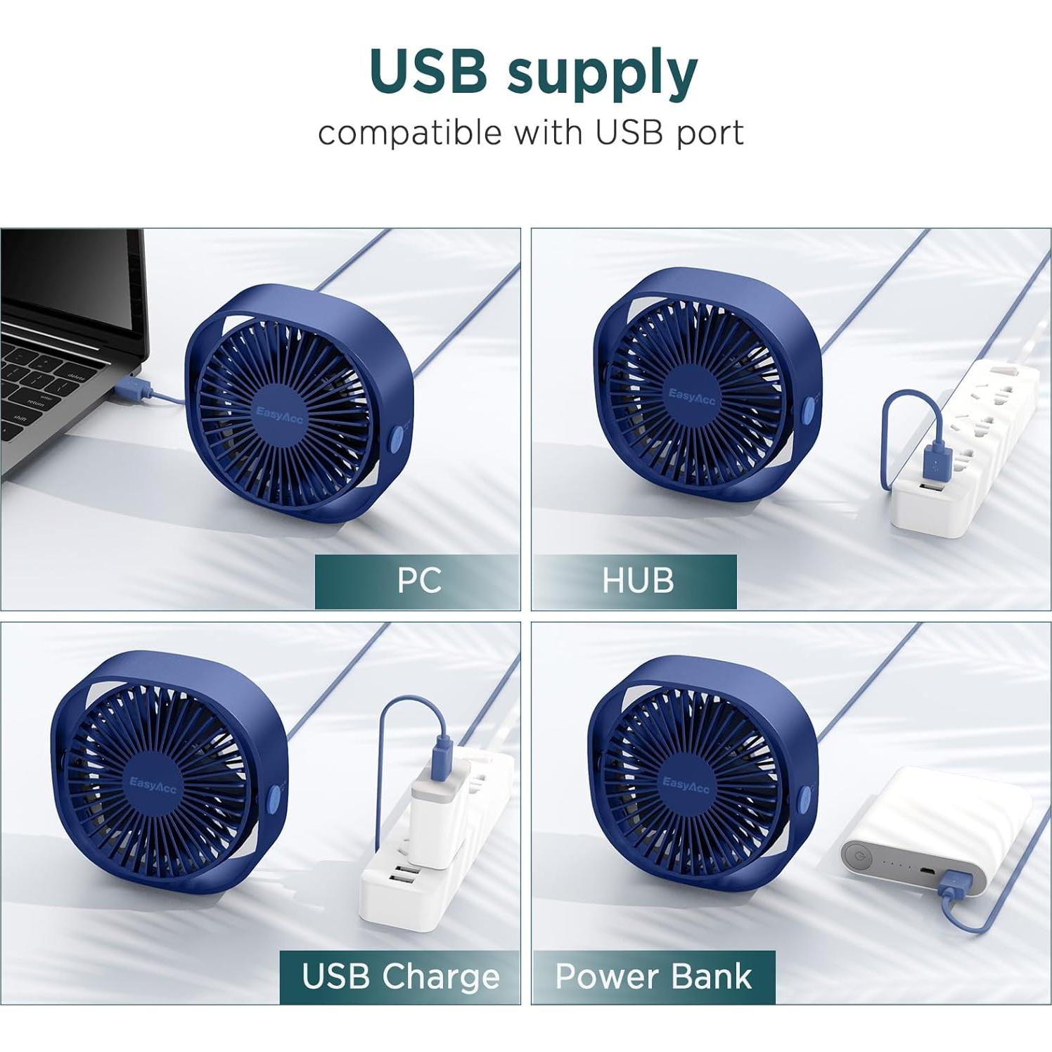 Ventilador de Escritorio USB EasyAcc Mini 3 Velocidades Azul Marino