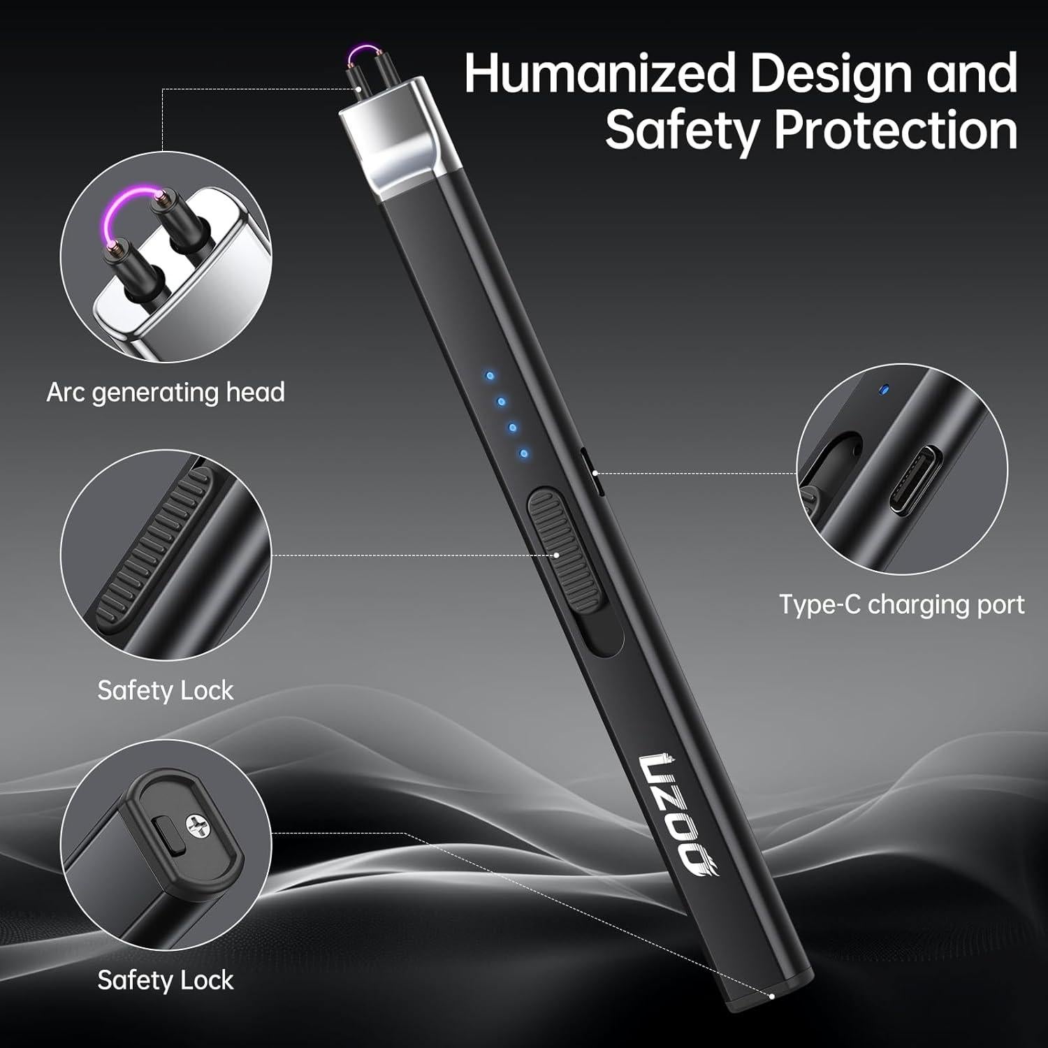 Encendedor Eléctrico Recargable UZOO 2 PCS Negro 360°