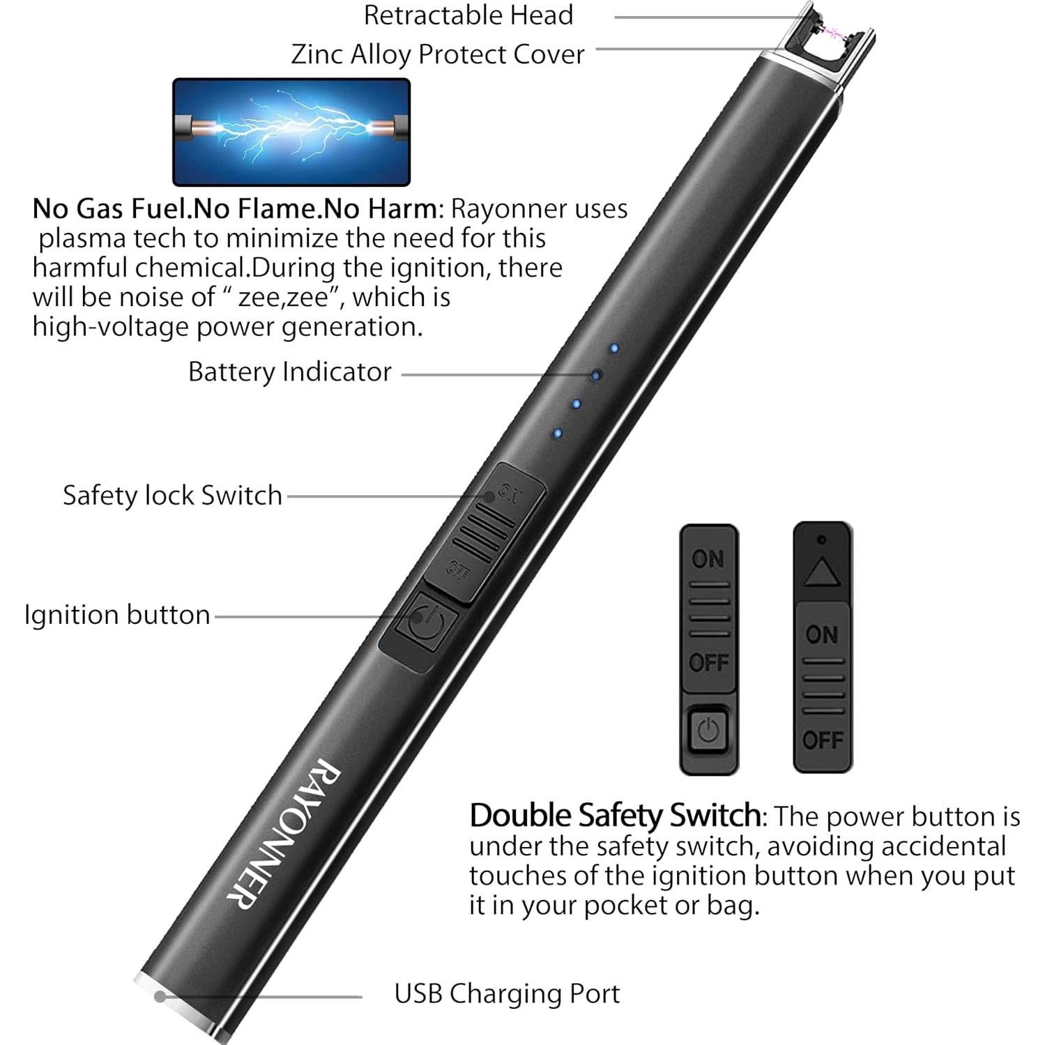 Encendedor Eléctrico RAYONNER Recargable USB a Prueba de Viento