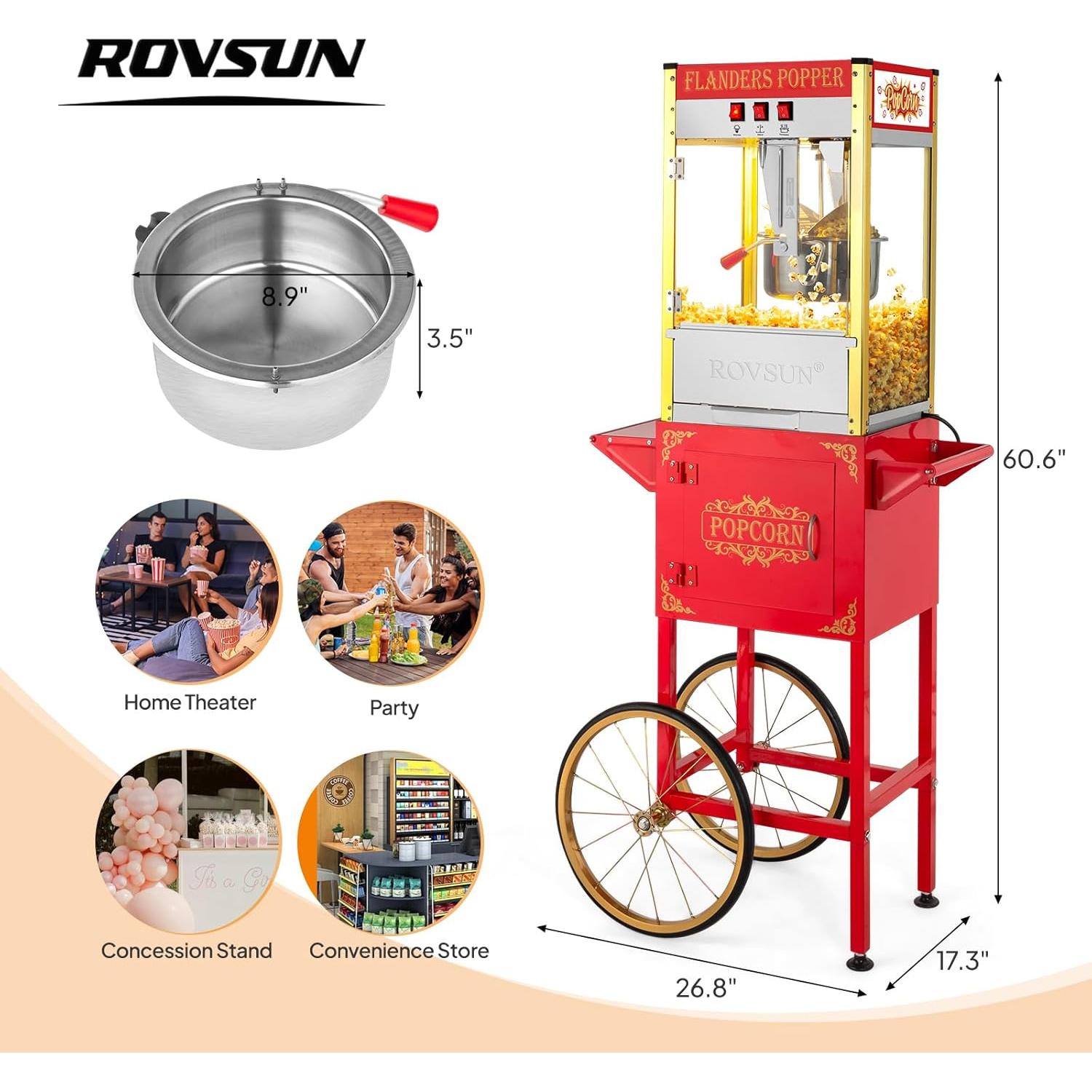 Máquina de Palomitas ROVSUN 10 Oz con Carrito y Accesorios
