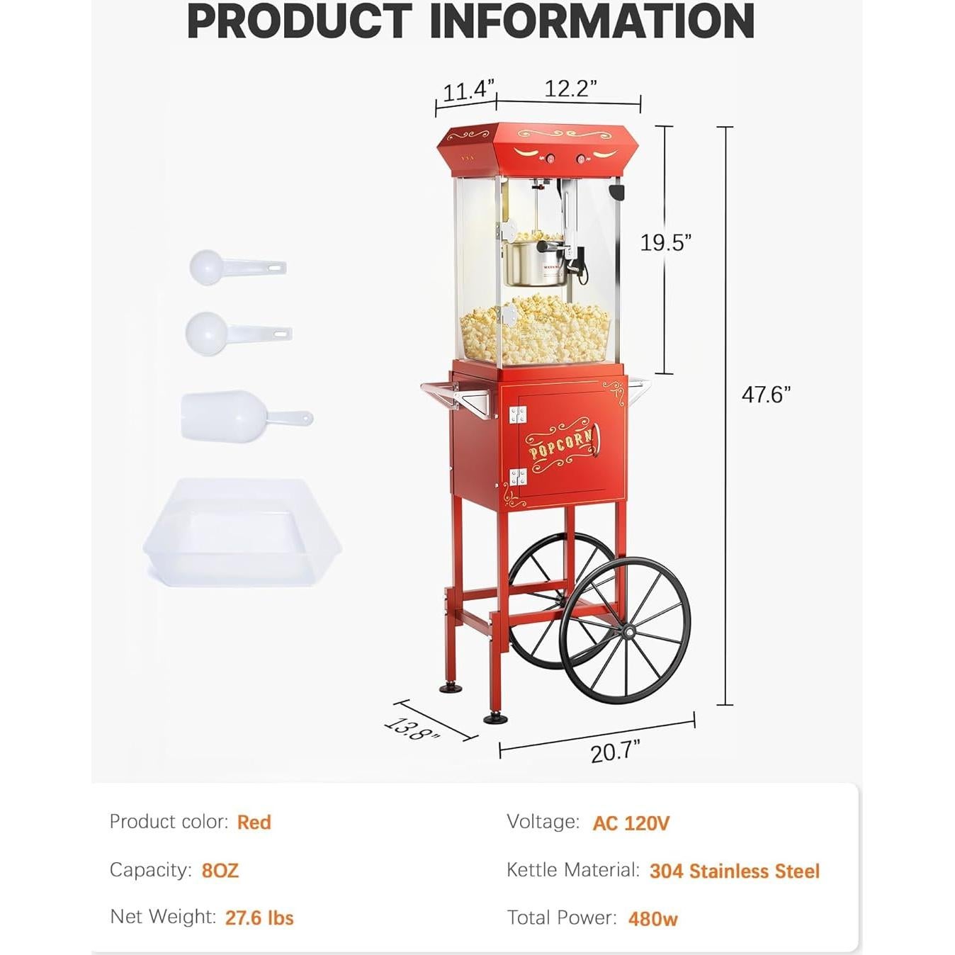 Máquina de Palomitas ELOMBR 8 oz Acero Inoxidable Roja
