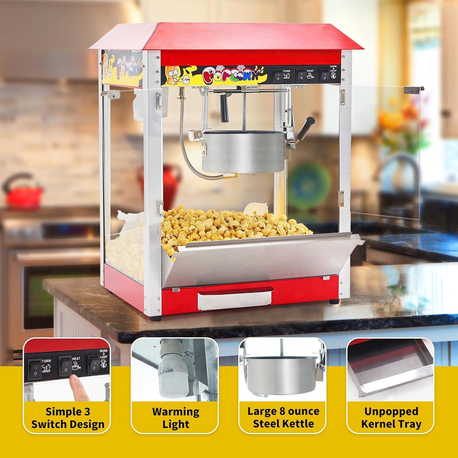 Commercial Popcorn Machine, 10 Oz Kettle, 1300W Countertop Popcorn Maker for 60 Cups per Batch, Movie Theater Popcorn Popper with 3-Switch Control, 2 Scoops 1 Cup, Red (18.5''L*12.8''W*25.8''H)