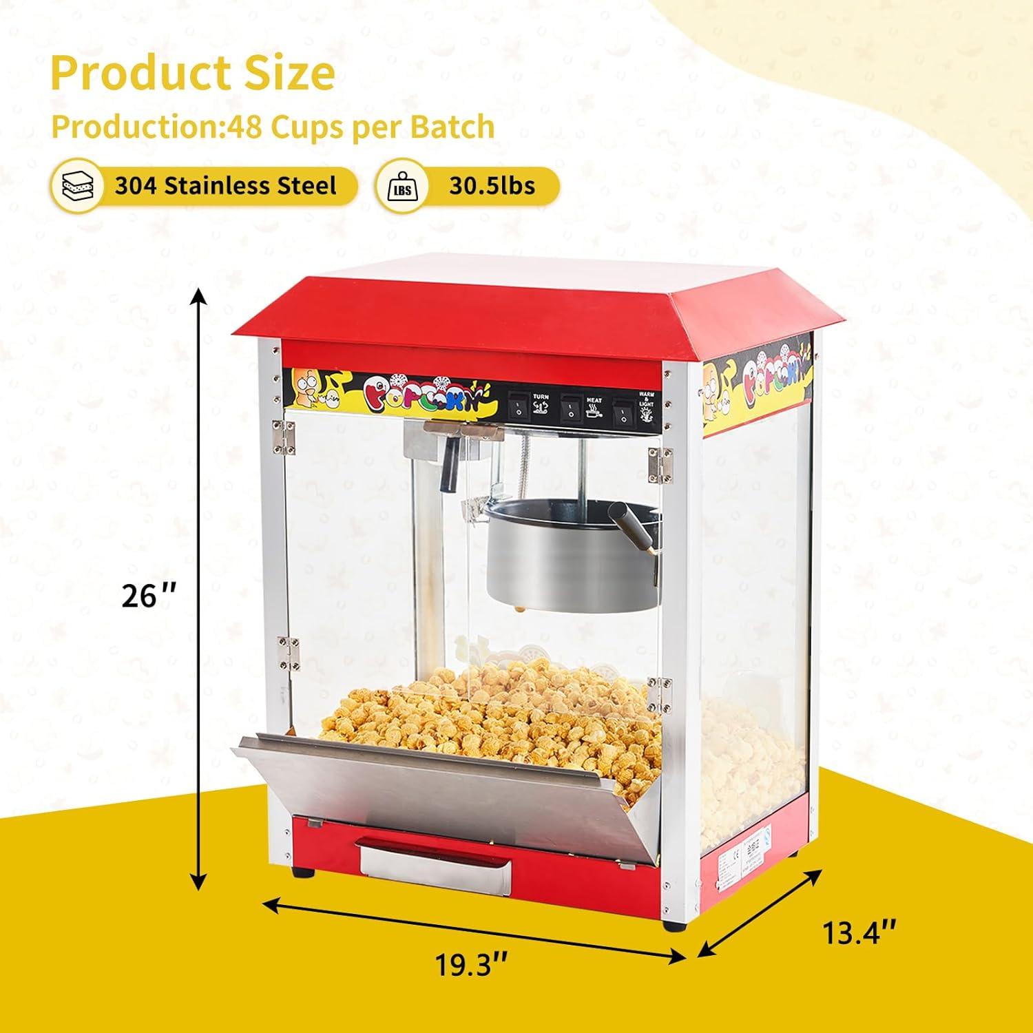 Commercial Popcorn Machine, 10 Oz Kettle, 1300W Countertop Popcorn Maker for 60 Cups per Batch, Movie Theater Popcorn Popper with 3-Switch Control, 2 Scoops 1 Cup, Red (18.5''L*12.8''W*25.8''H)