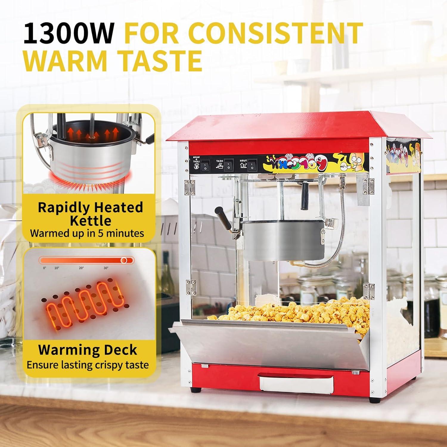 Commercial Popcorn Machine, 10 Oz Kettle, 1300W Countertop Popcorn Maker for 60 Cups per Batch, Movie Theater Popcorn Popper with 3-Switch Control, 2 Scoops 1 Cup, Red (18.5''L*12.8''W*25.8''H)