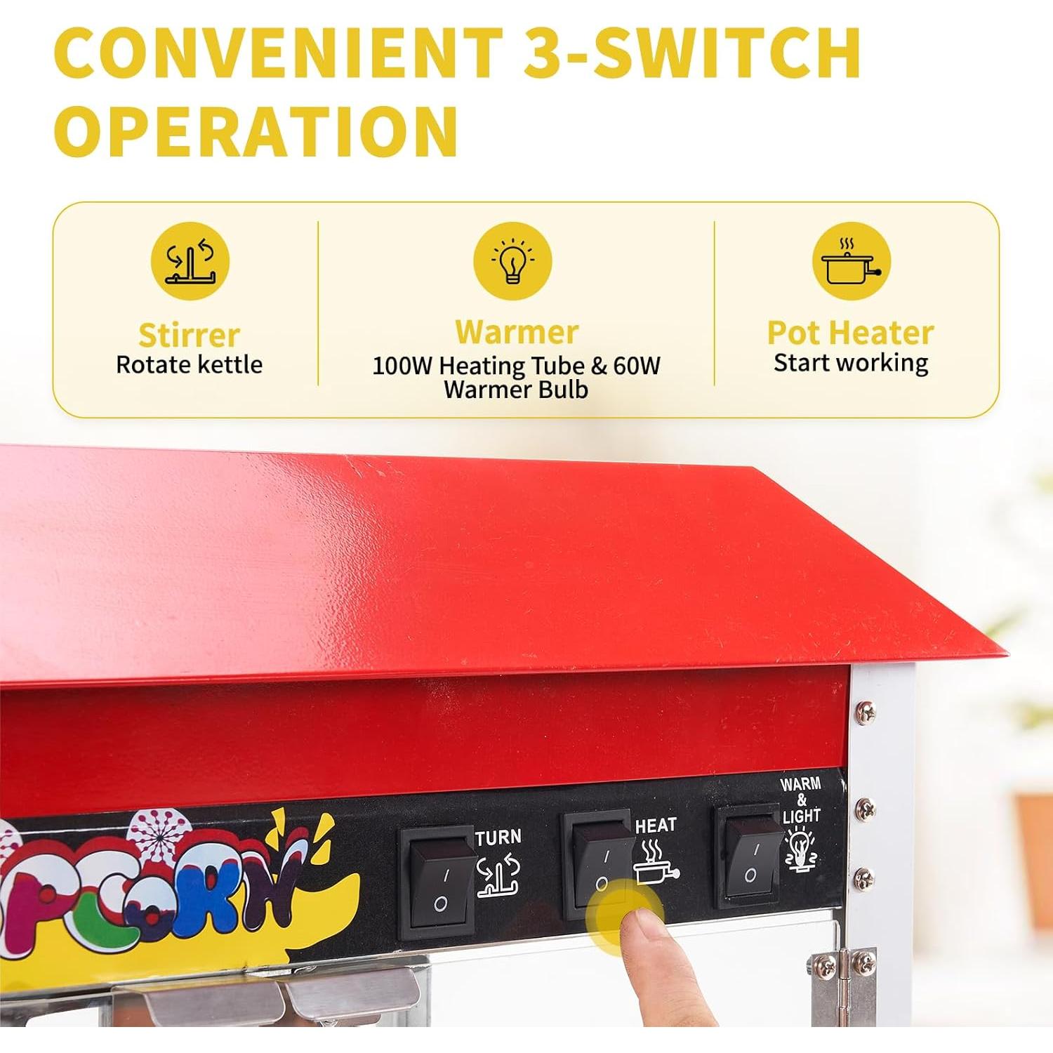 Commercial Popcorn Machine, 10 Oz Kettle, 1300W Countertop Popcorn Maker for 60 Cups per Batch, Movie Theater Popcorn Popper with 3-Switch Control, 2 Scoops 1 Cup, Red (18.5''L*12.8''W*25.8''H)