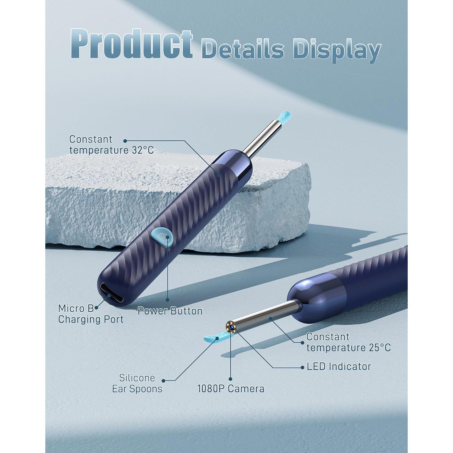 Limpiador de Oídos Kolrry con Cámara HD 1080P y 6 Cucharas