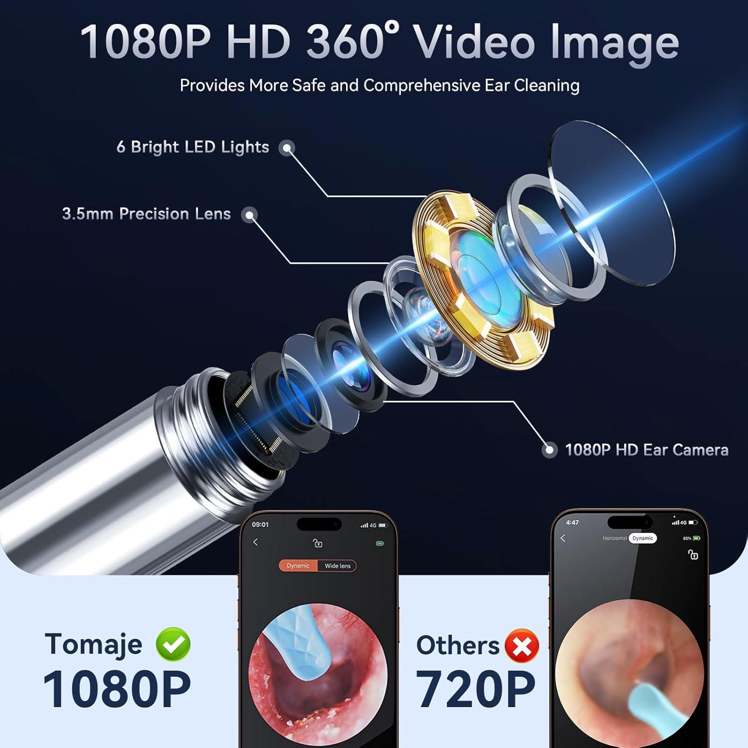 Limpiador de Oídos con Cámara HD 1080P Tomaje Negro