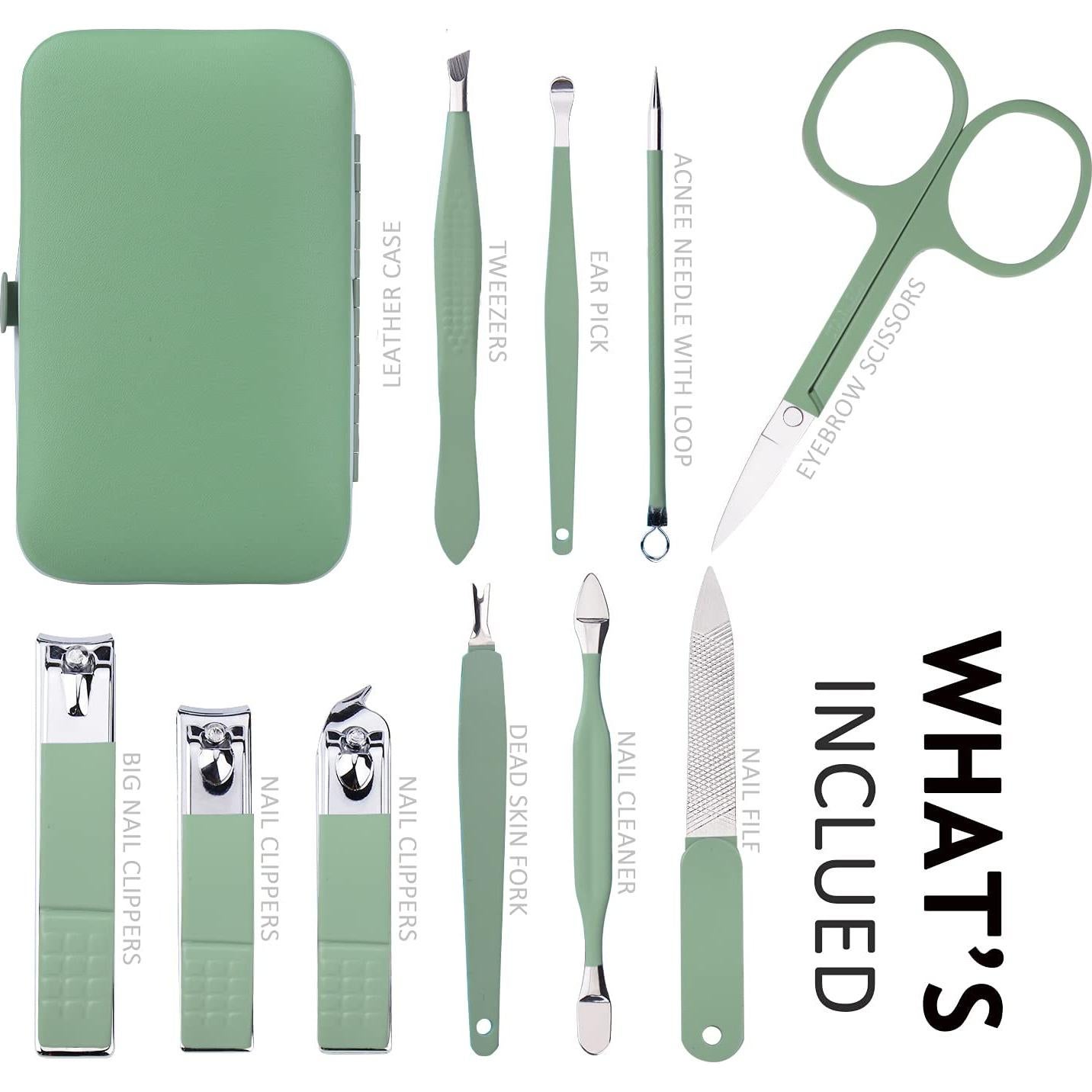 Juego de Manicura 10 en 1 HANTEKAS Verde Jade Acero Inoxidable