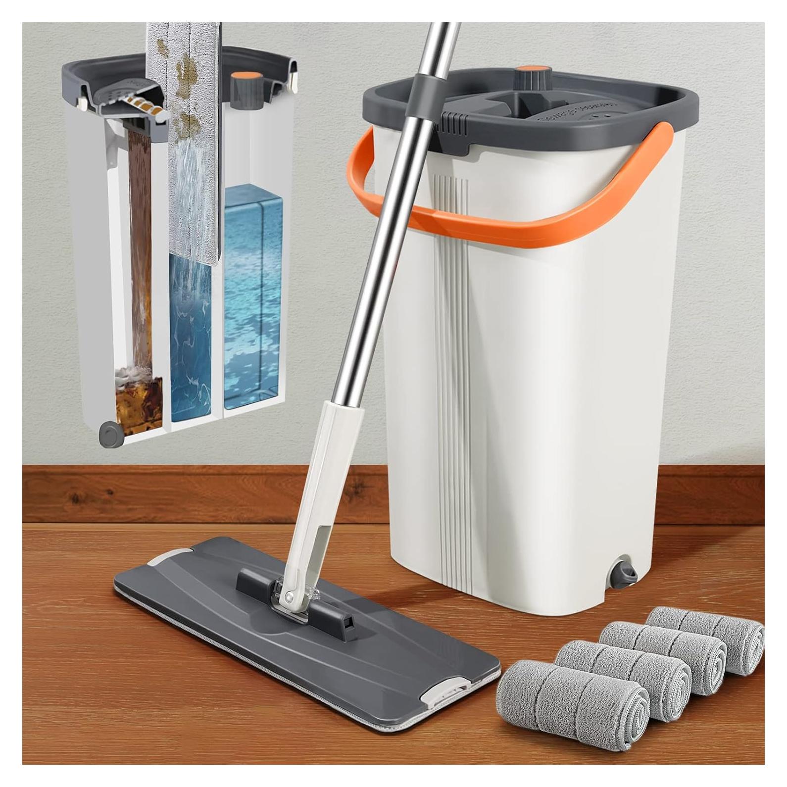 Juego de trapeador plano Lascpt con cubo y 4 almohadillas