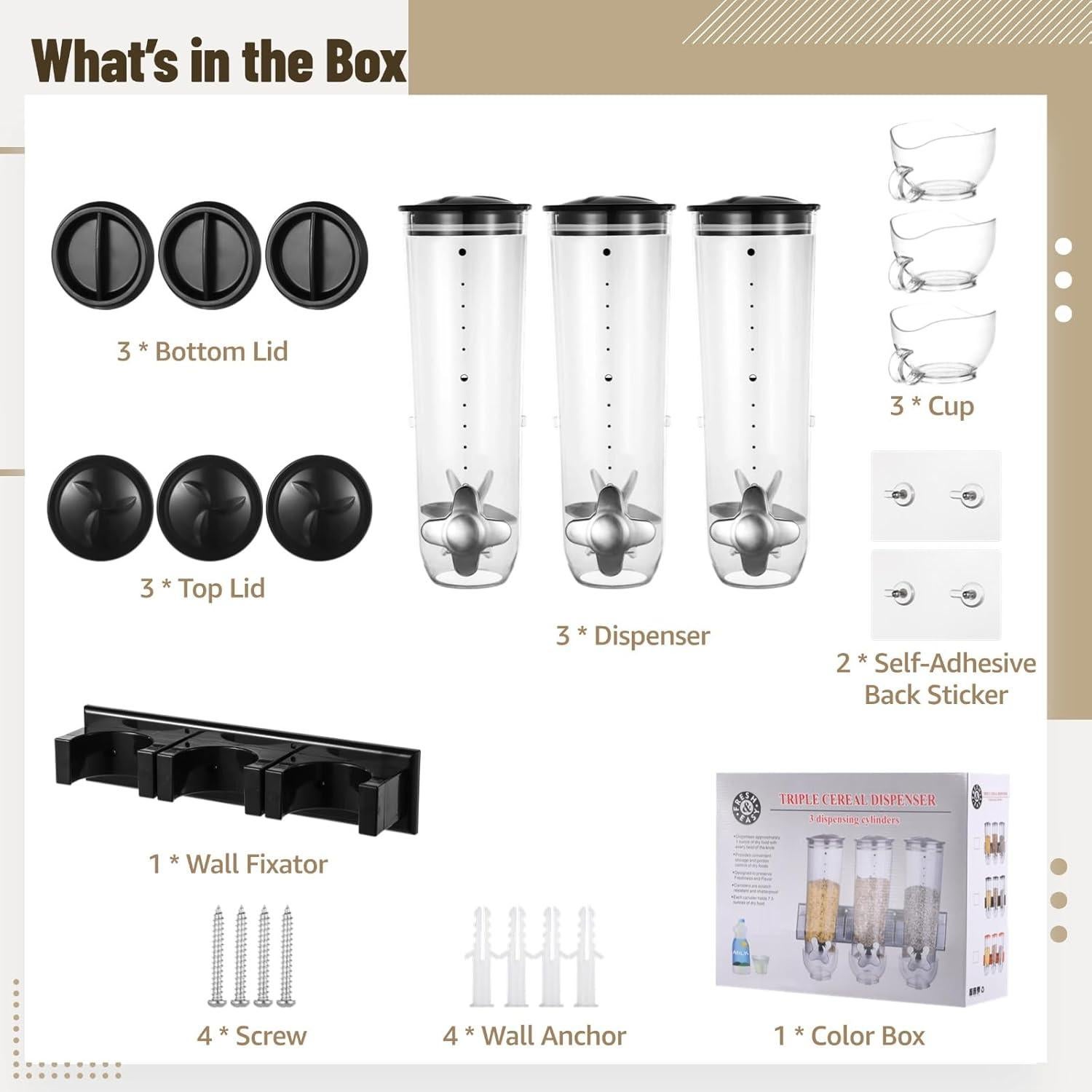 Dispensador de Cereal Montado en Pared Varku 4.5L - 3 Unidades