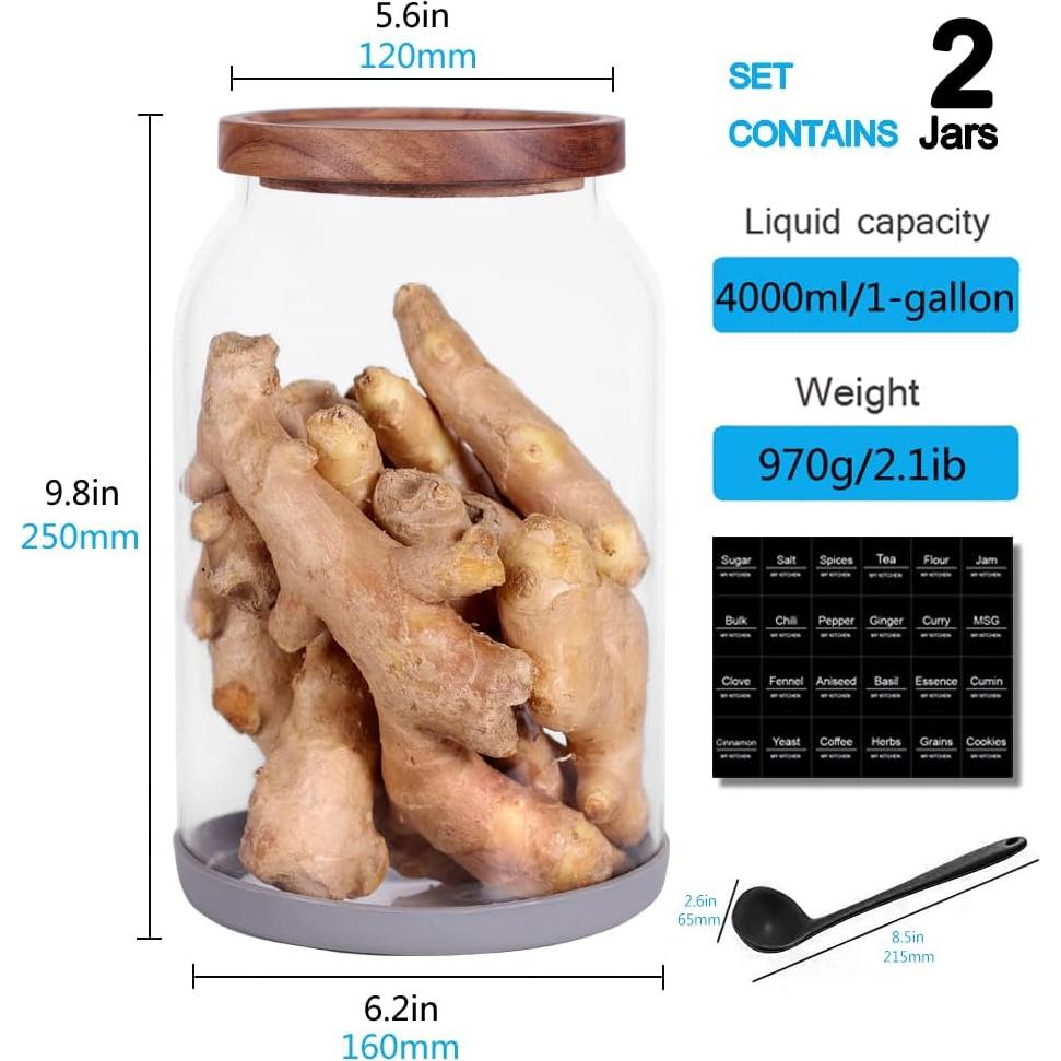 Tarro de Vidrio Hermético SAIOOL 3,79L con Tapa de Acacia - 2 Piezas
