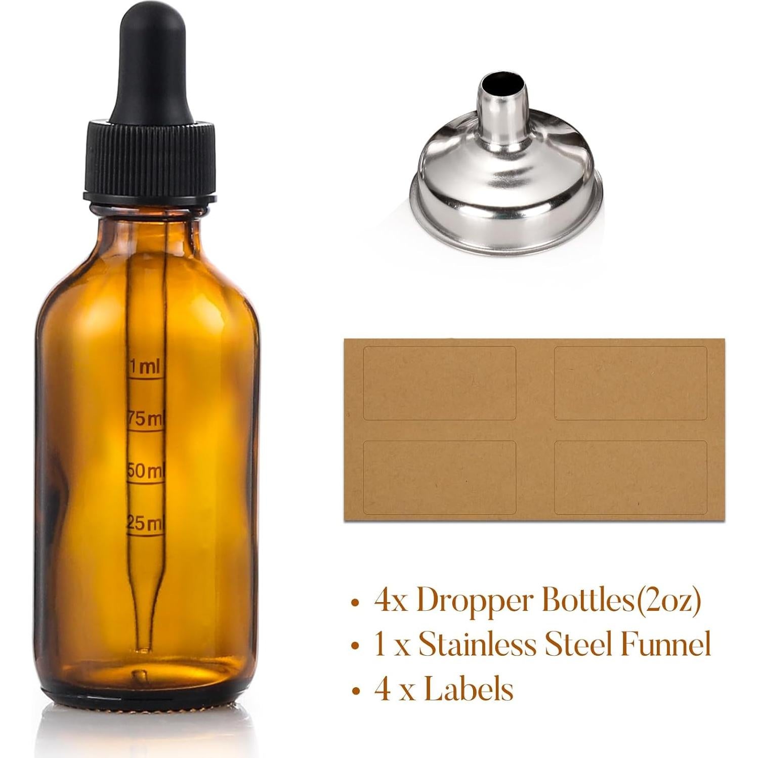 Botellas de vidrio ámbar 60ml con gotero - Paquete de 4