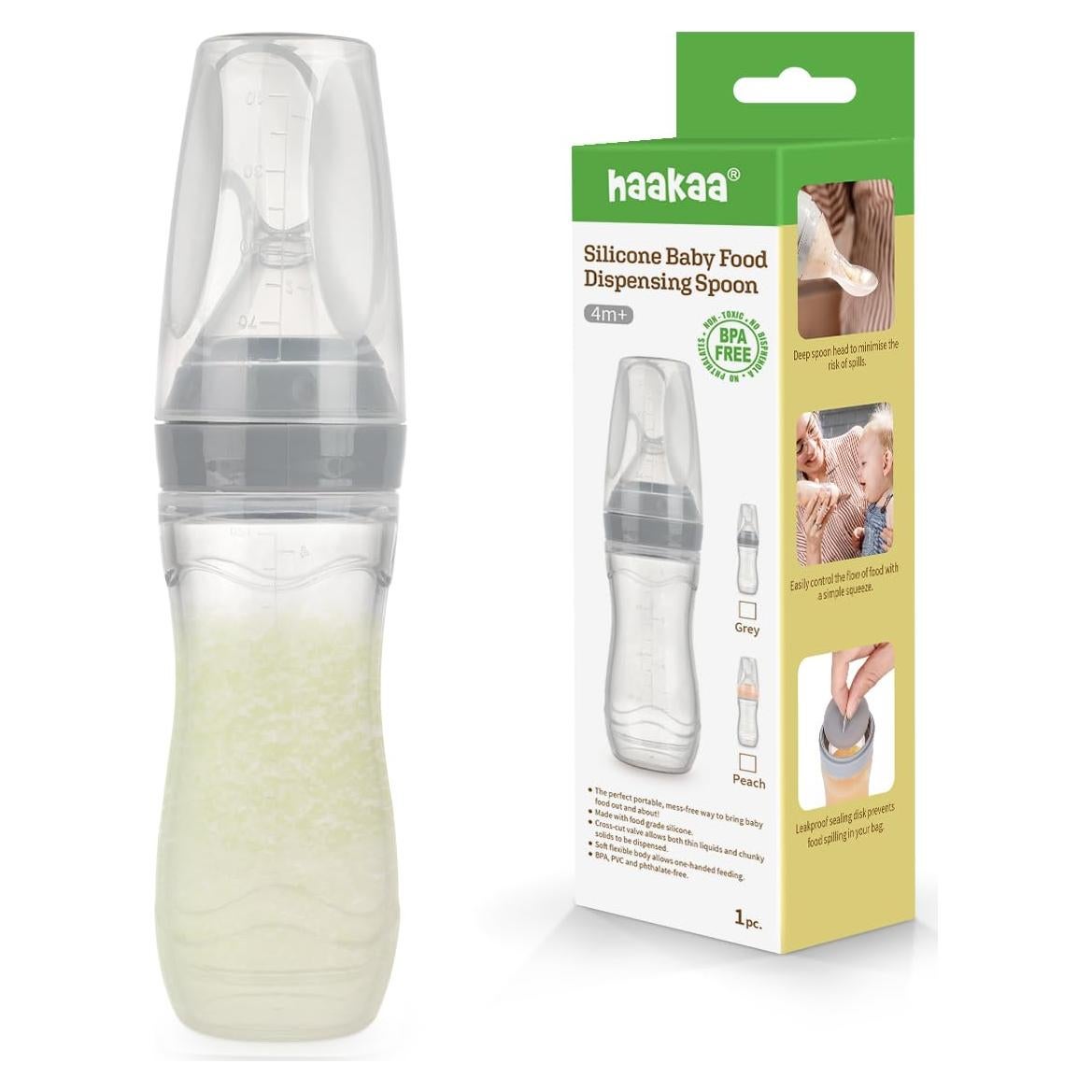 Cuchara dispensadora Haakaa 4oz silicona gris para bebés