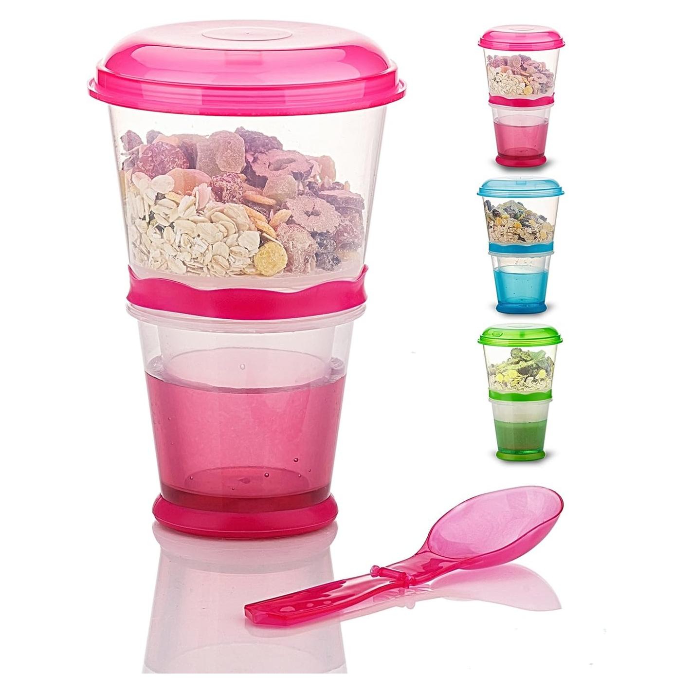 Contenedor de Cereal y Leche Pogah Rosa 355 mL Hermético