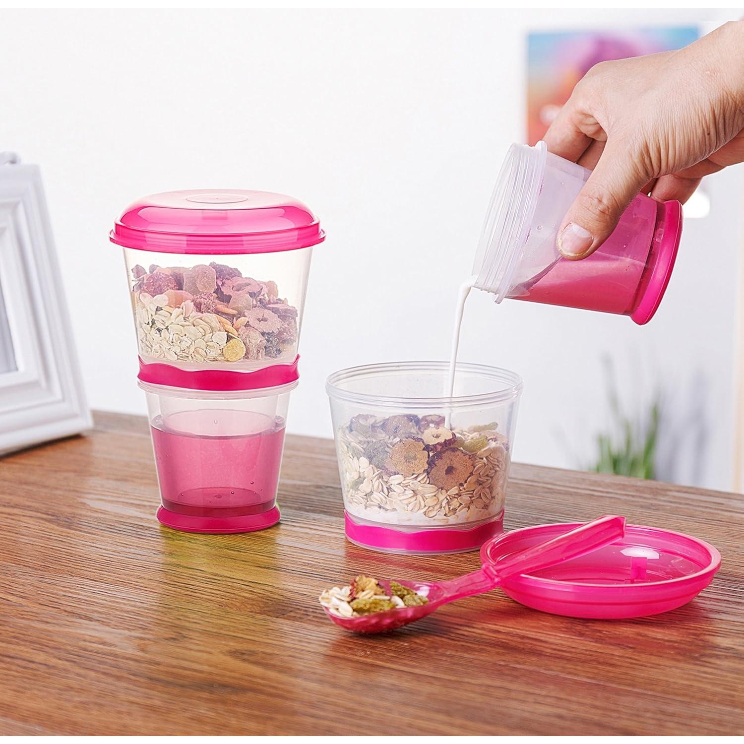 Contenedor de Cereal y Leche Pogah Rosa 355 mL Hermético