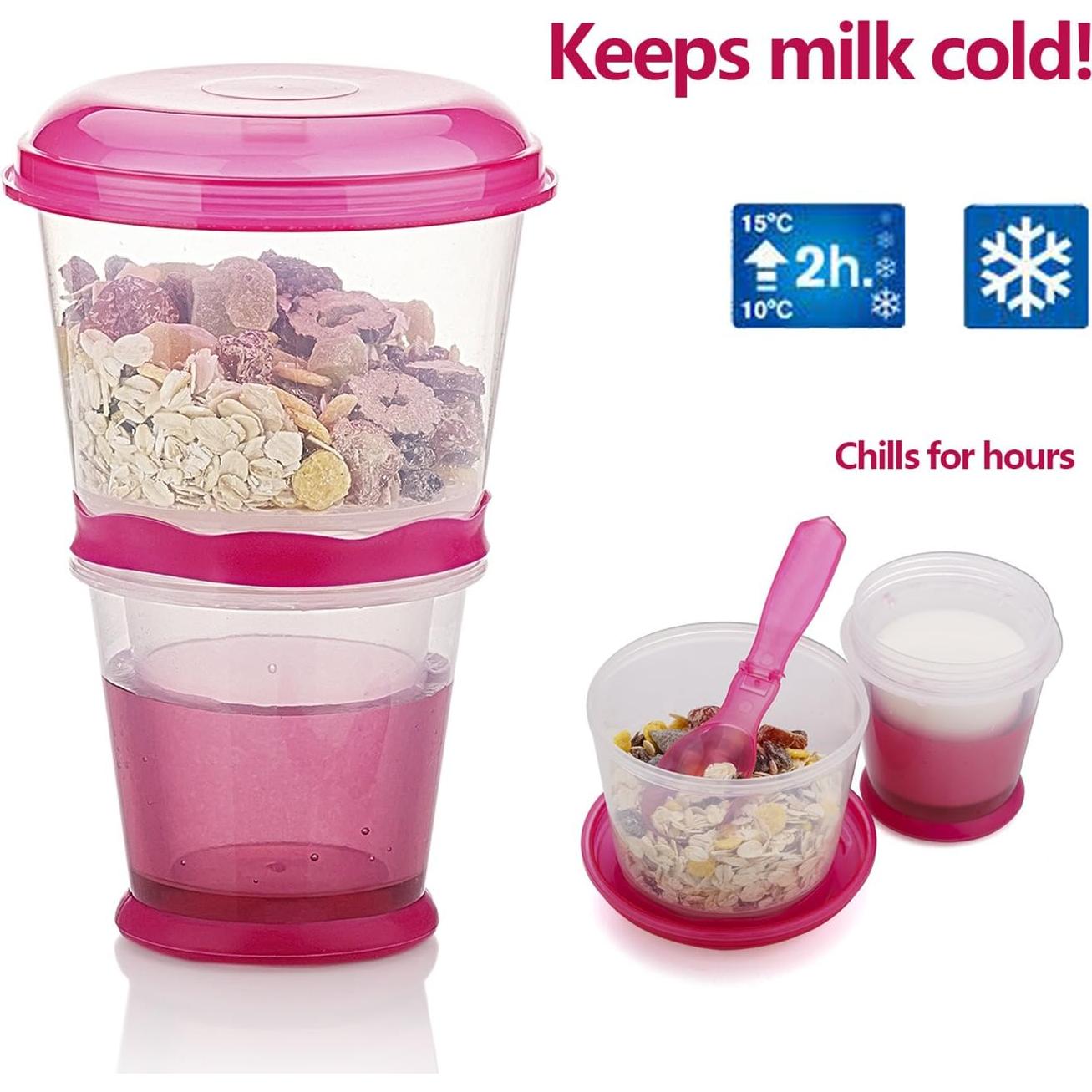 Contenedor de Cereal y Leche Pogah Rosa 355 mL Hermético