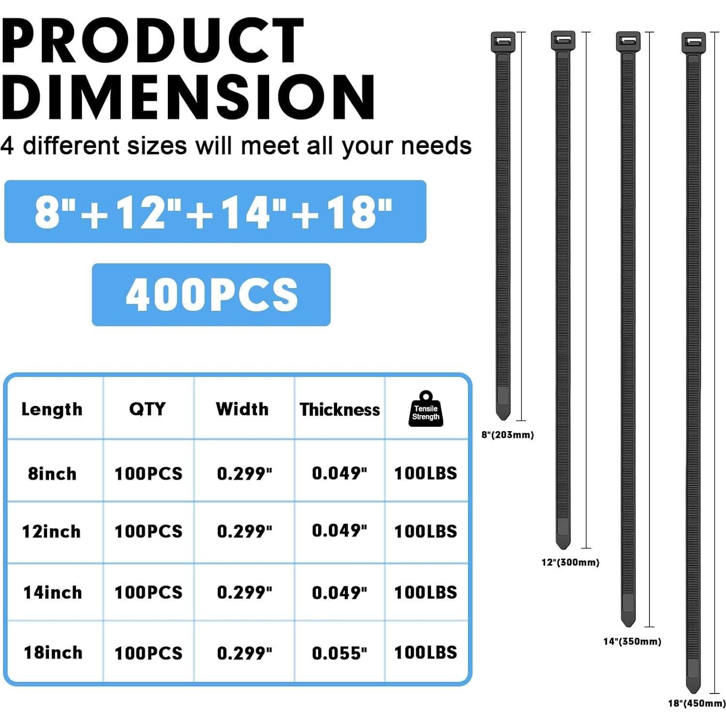 Bridas de Plástico RAZCC 400 Piezas 20-46 cm Negras