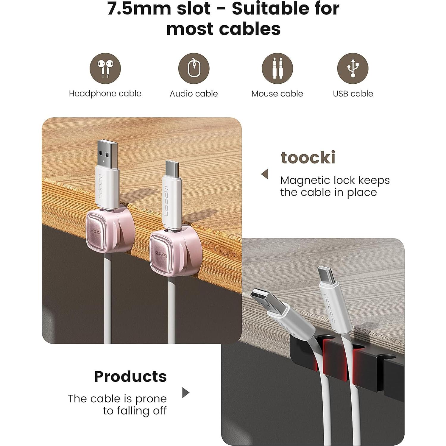 Paquete de 6 Clips Magnéticos Toocki Rosa para Cables