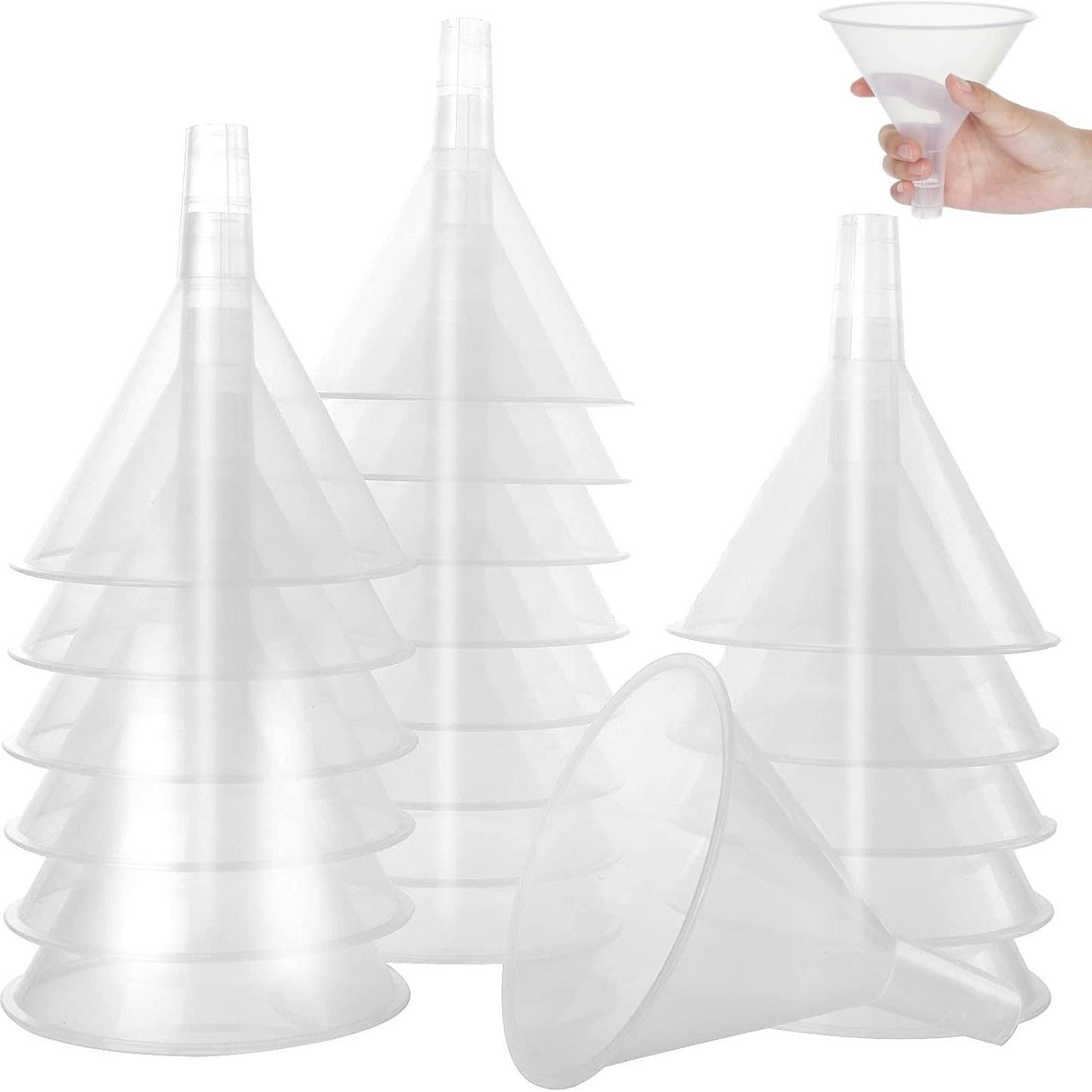 RHBLME 20 PCS Plastic Funnels Set, 4.7 Inch Wide Mouth Clear Plastic Funnels for Filling Bottles, Multipurpose Large Funnel with Long Reaching Spout, Water Bottle Funnel for Powder Liquid Spices