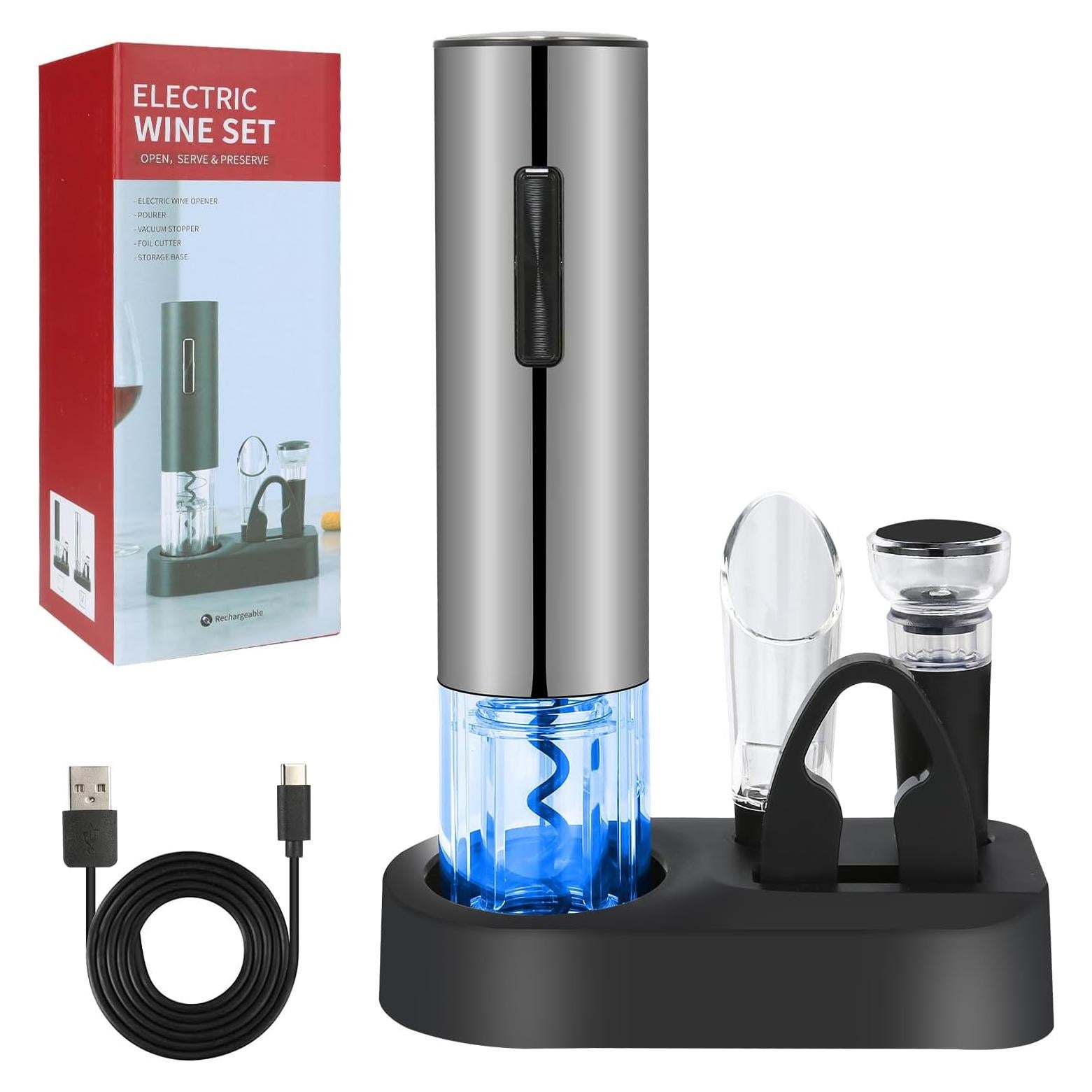 Abridor de Vino Eléctrico VIDYSUFYR Plata Recargable con Luz LED