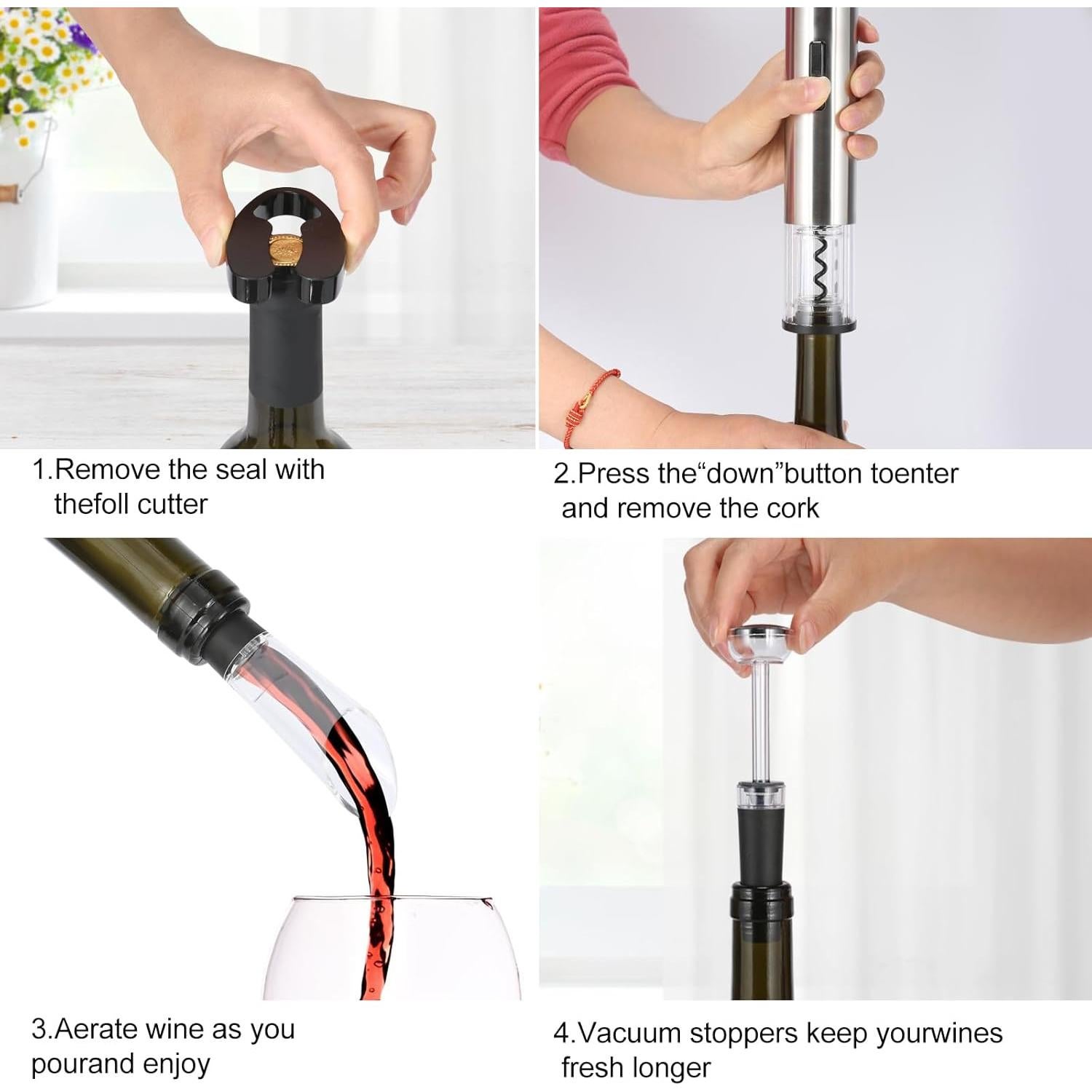 Abridor de Vino Eléctrico VIDYSUFYR Plata Recargable con Luz LED