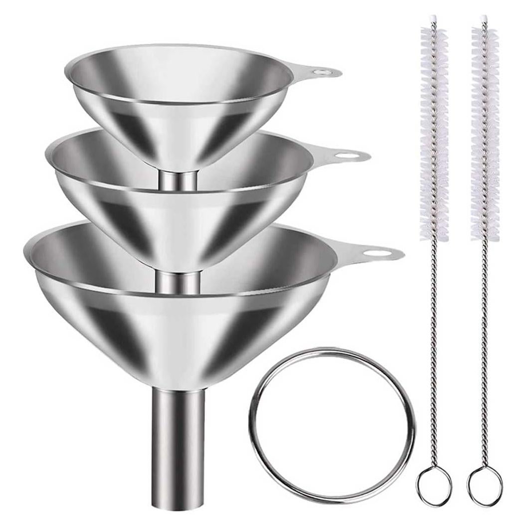 3 Embudos de Acero Inoxidable con 2 Cepillos de Limpieza