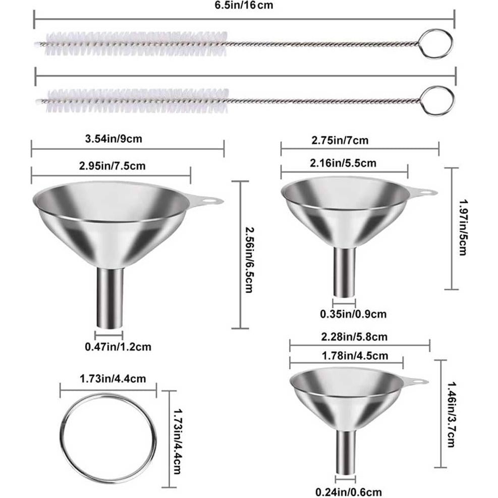 3 Embudos de Acero Inoxidable con 2 Cepillos de Limpieza