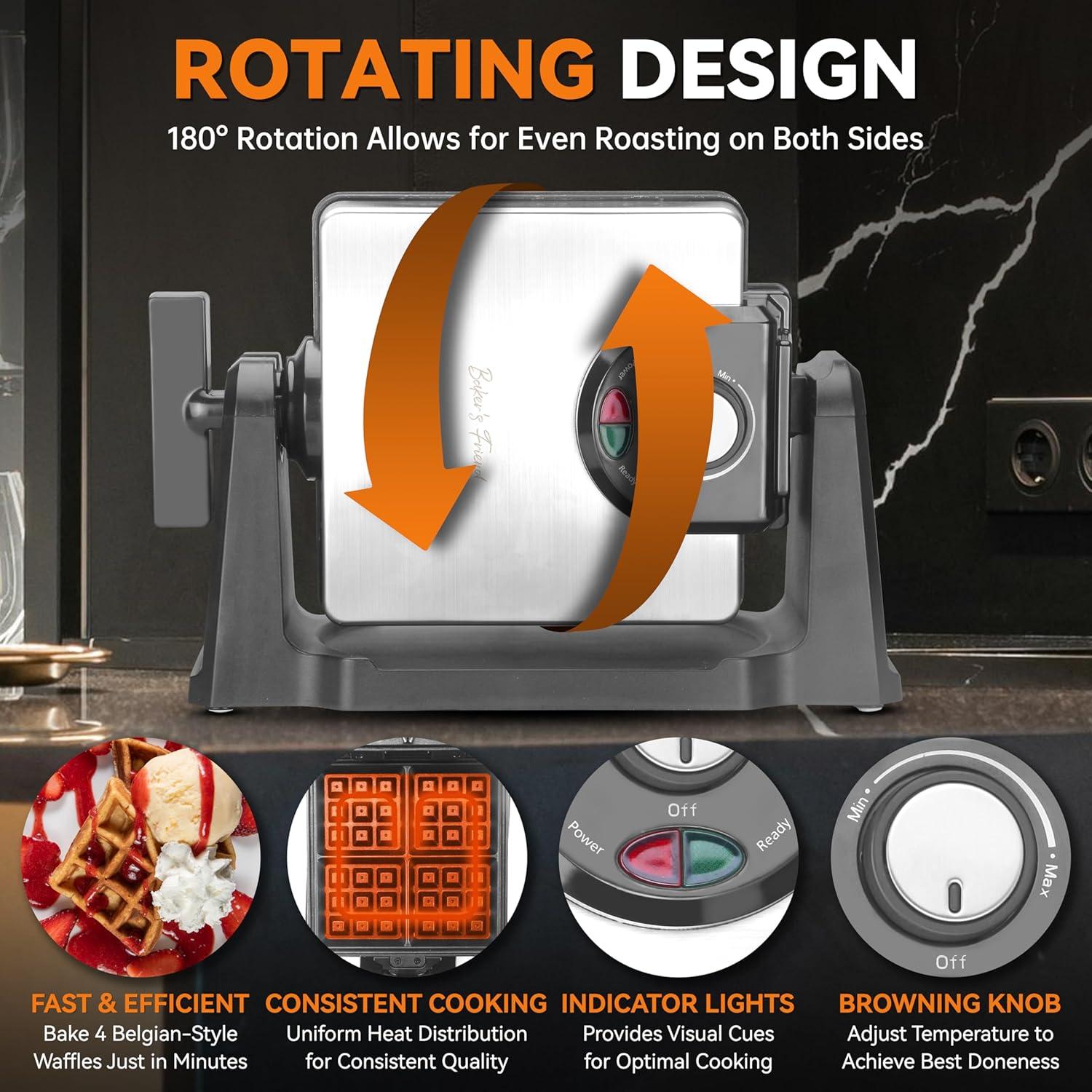 Waflera Rotativa Baker's Friend, Acero Inoxidable, 4 Mini Waffles