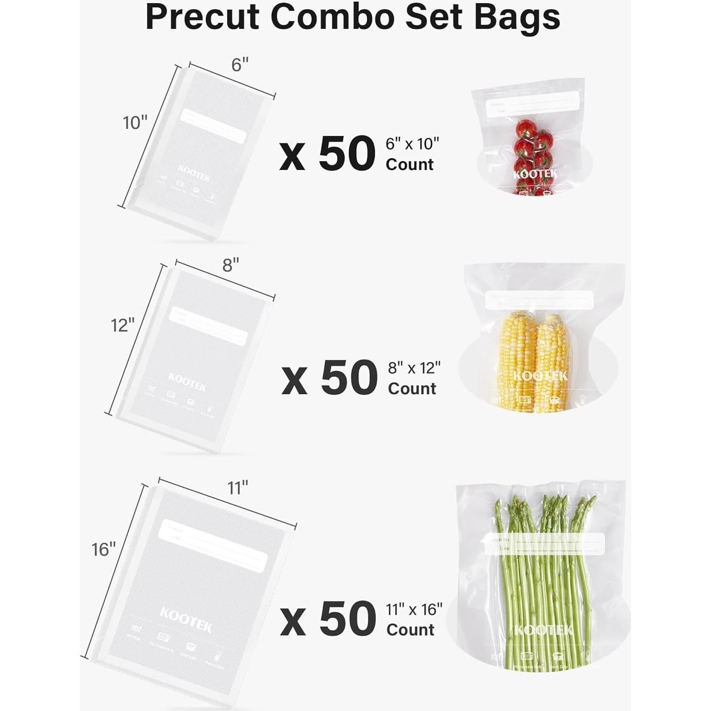 Bolsas de Sellado al Vacío Kootek 150 Pzas 11x16 8x12 6x10