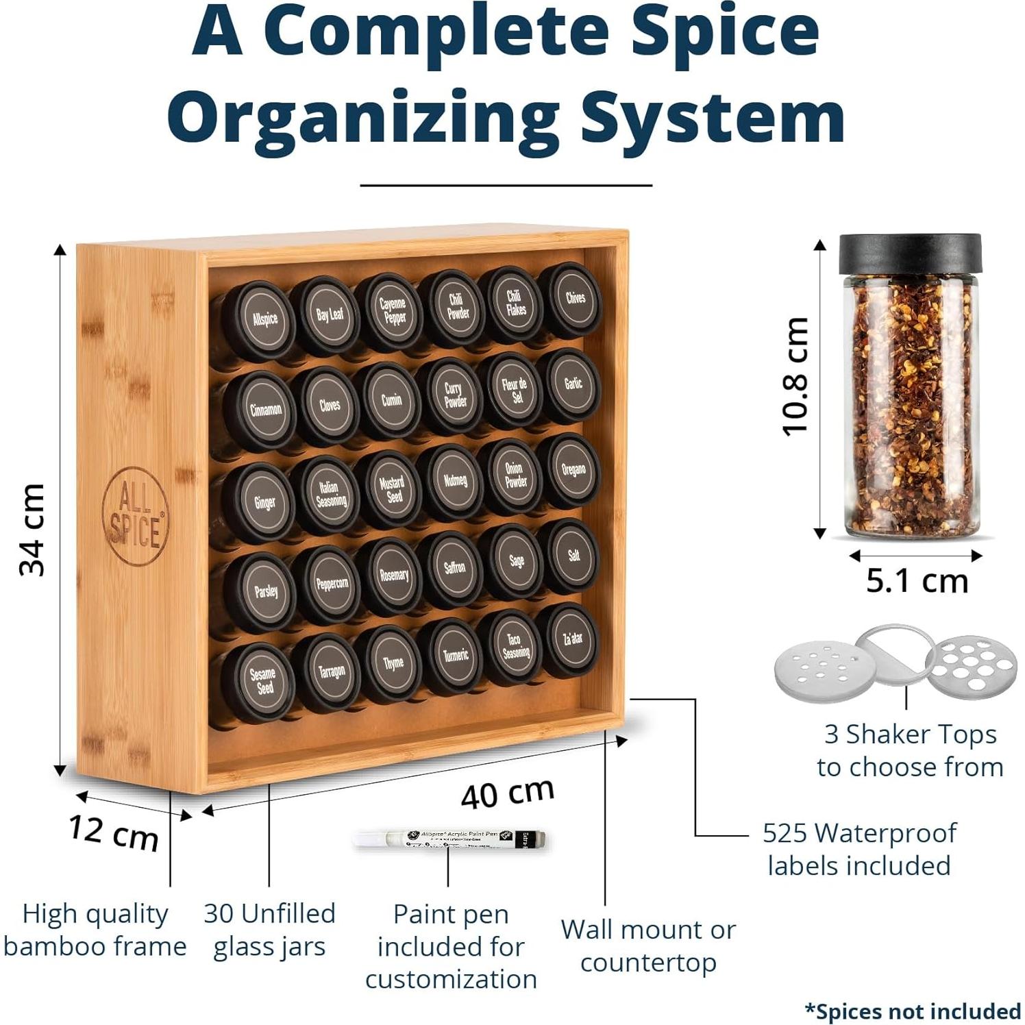 Organizador de especias AllSpice con 30 frascos de 4 oz
