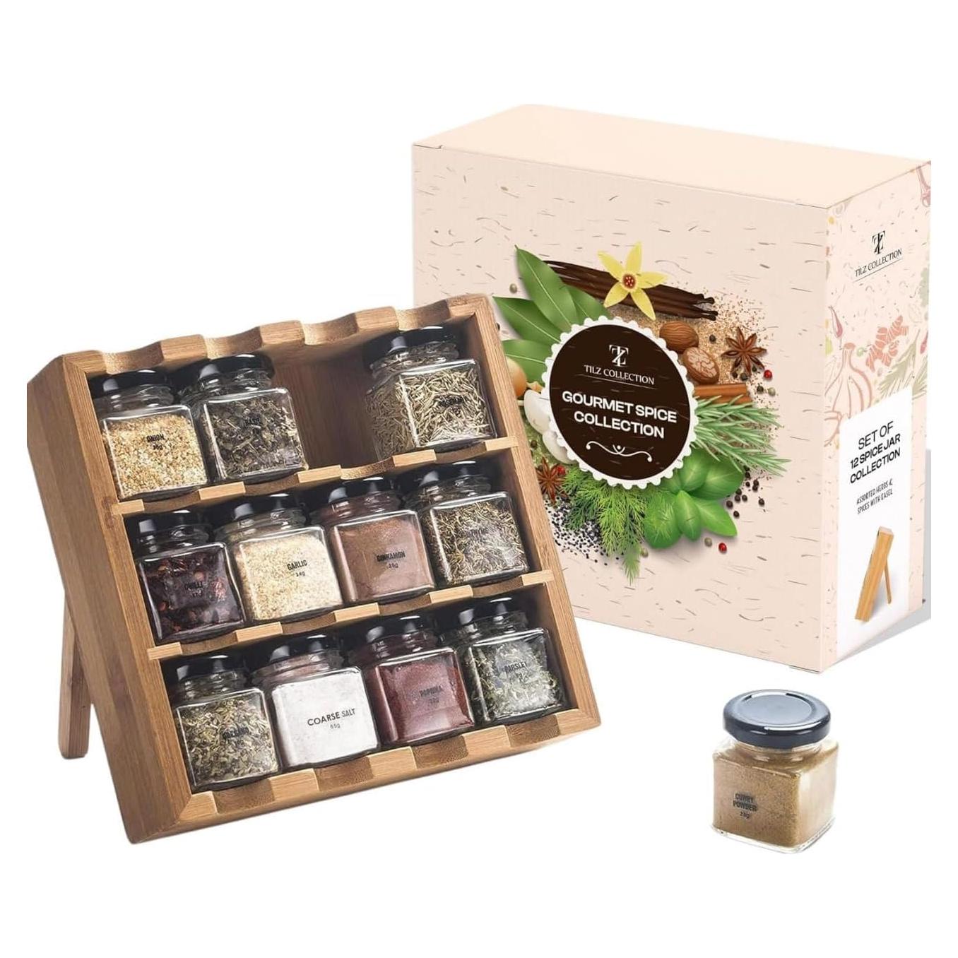 Estante de Especias de Madera Tilz con 12 Tarros de Vidrio