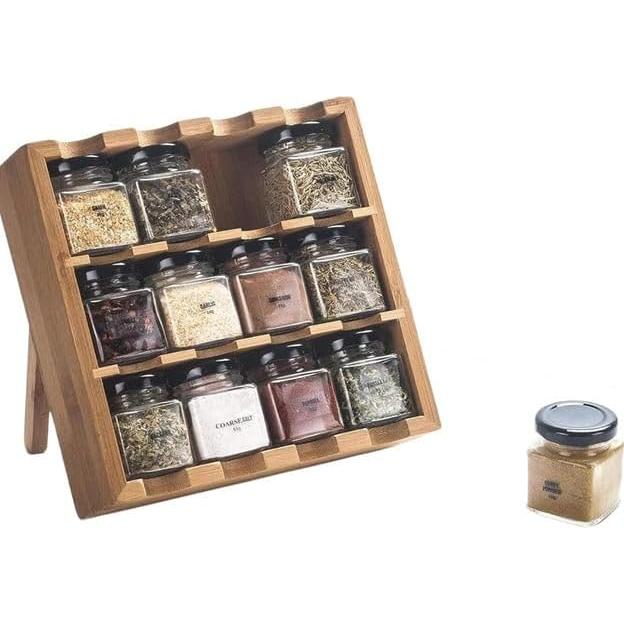 Estante de Especias de Madera Tilz con 12 Tarros de Vidrio