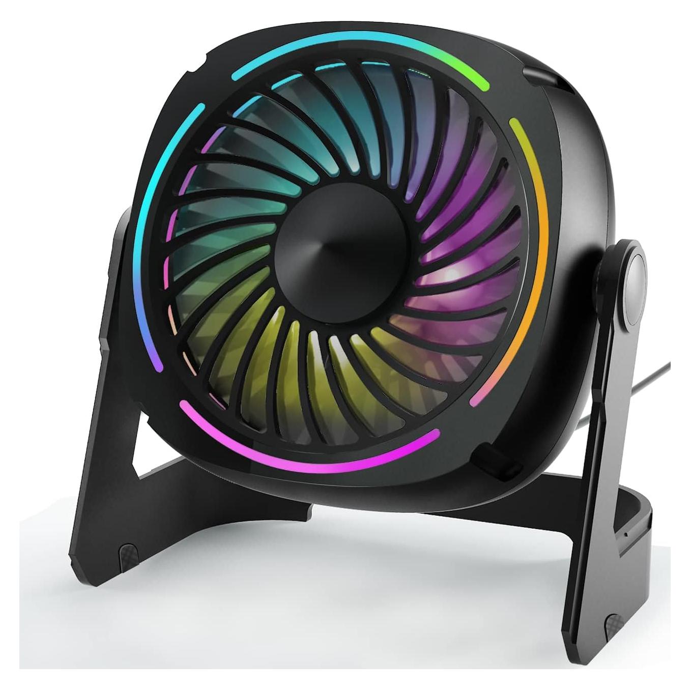 Small USB Desk Fan - 5.3 Inch Portable Table Fan with 3 Levels Air Flow, 8 Color LED Lights, 360° Rotation, Quiet Mini Personal Fan for Home Office Desktop