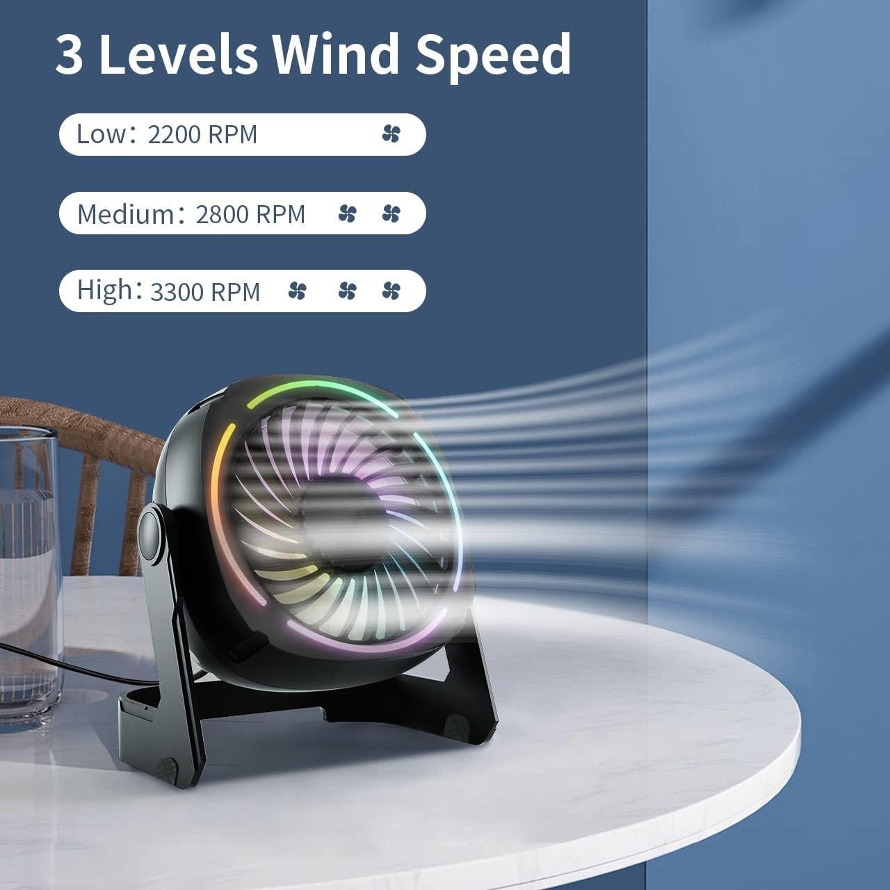 Small USB Desk Fan - 5.3 Inch Portable Table Fan with 3 Levels Air Flow, 8 Color LED Lights, 360° Rotation, Quiet Mini Personal Fan for Home Office Desktop