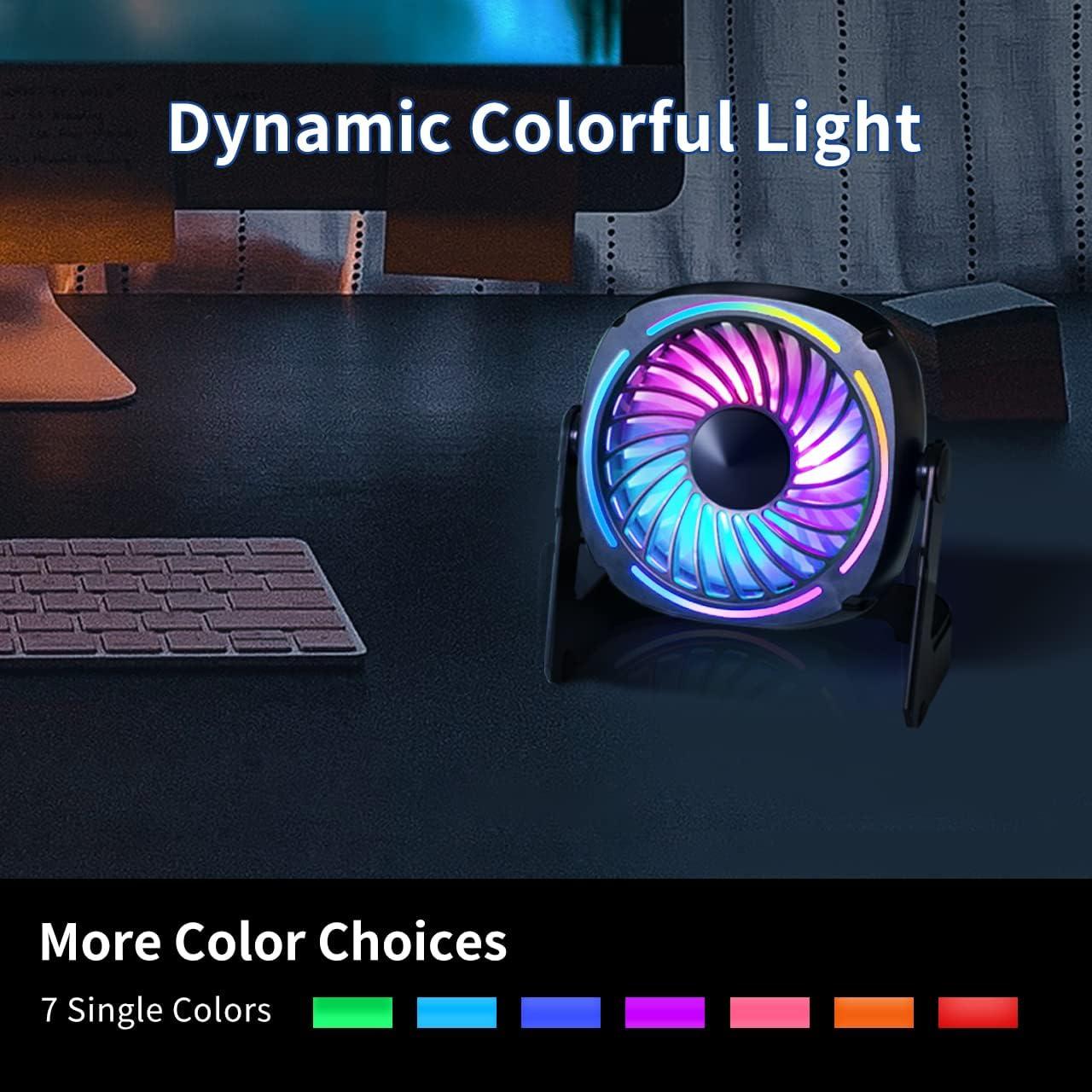 Small USB Desk Fan - 5.3 Inch Portable Table Fan with 3 Levels Air Flow, 8 Color LED Lights, 360° Rotation, Quiet Mini Personal Fan for Home Office Desktop